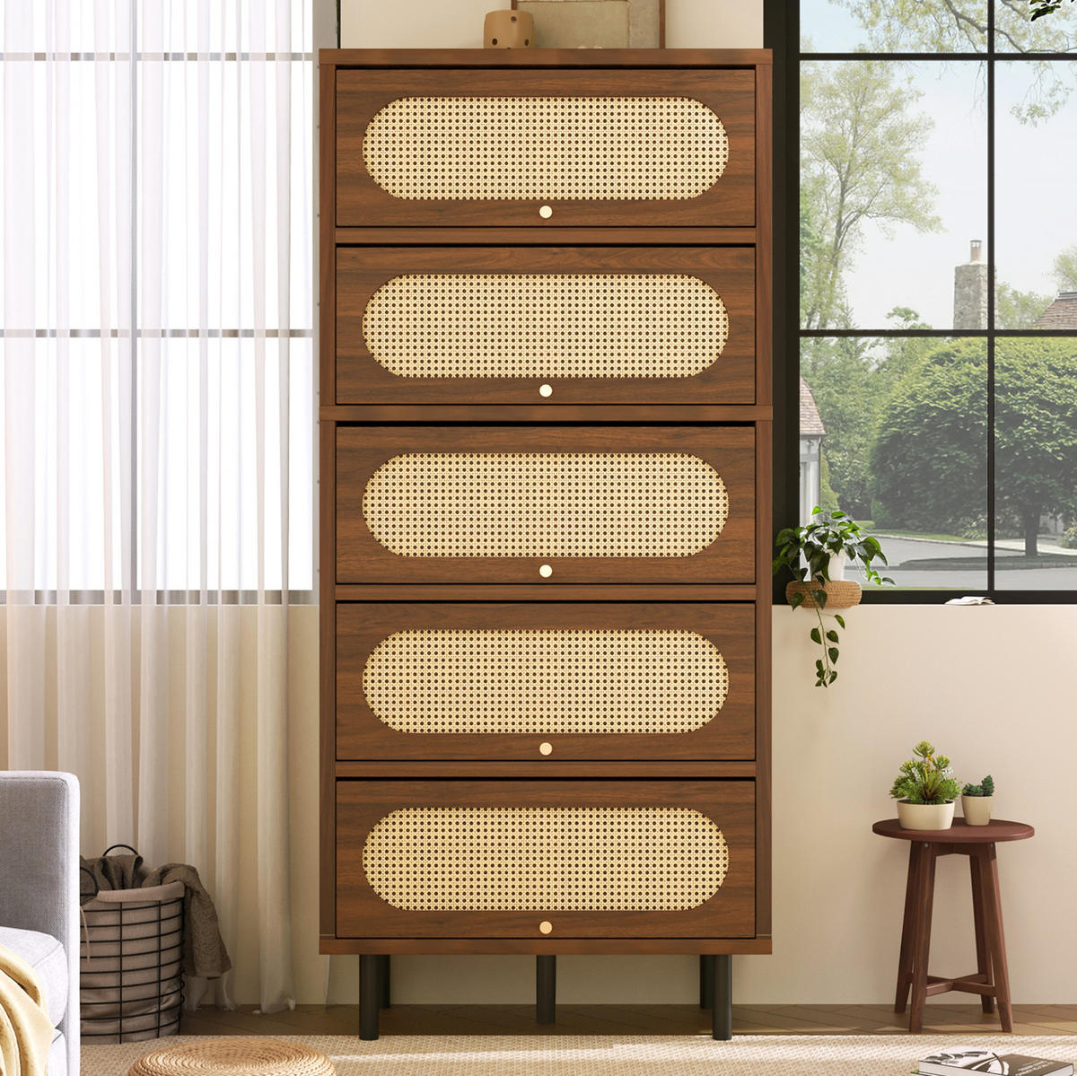 SIDEBOARD 80/40/163 cm Nussbaum aus Holz mit Rattan - Walnussfarben, Holzwerkstoff (40/163/80cm) - OKMYHOME
