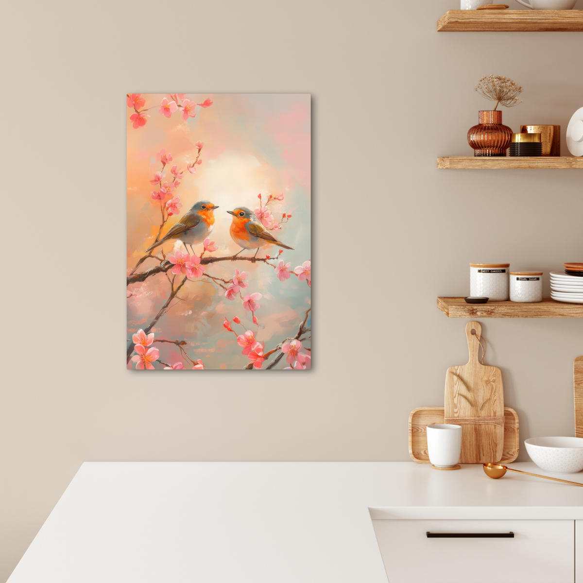 LEINWANDBILD Rotkehlchen - Zierpflanze - Blütenzweig 40x60 cm - Hellrosa, Textil (40/60cm) - MuchoWow