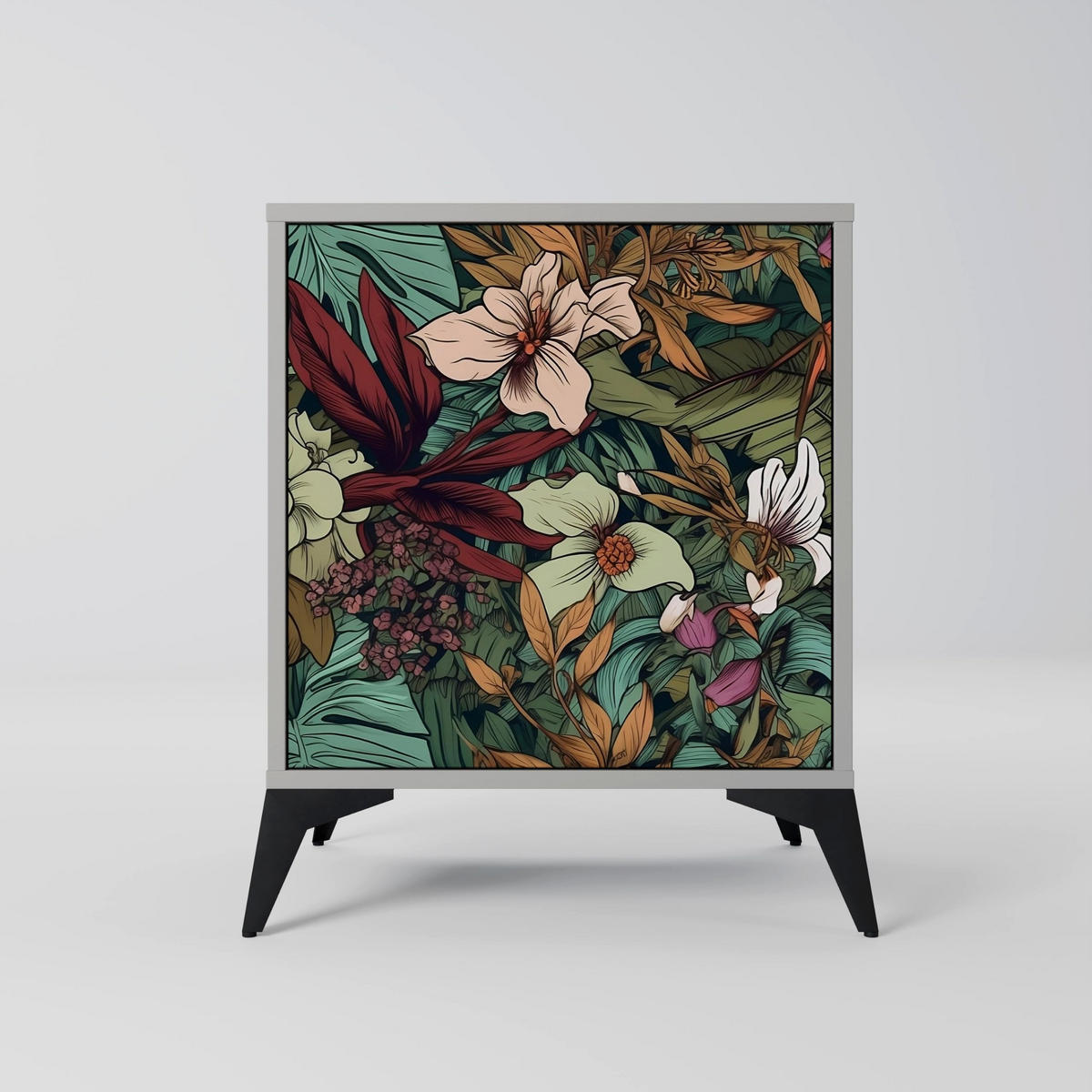 SIDEBOARD BOTANICAL EMERGENCE, Grau, 57,5x42x67,5 cm, Schwarze Metall-Rahmenfüße - Multicolor/Schwarz, Holzwerkstoff/Metall (57.5/67.5/42cm) - SpaceRebels