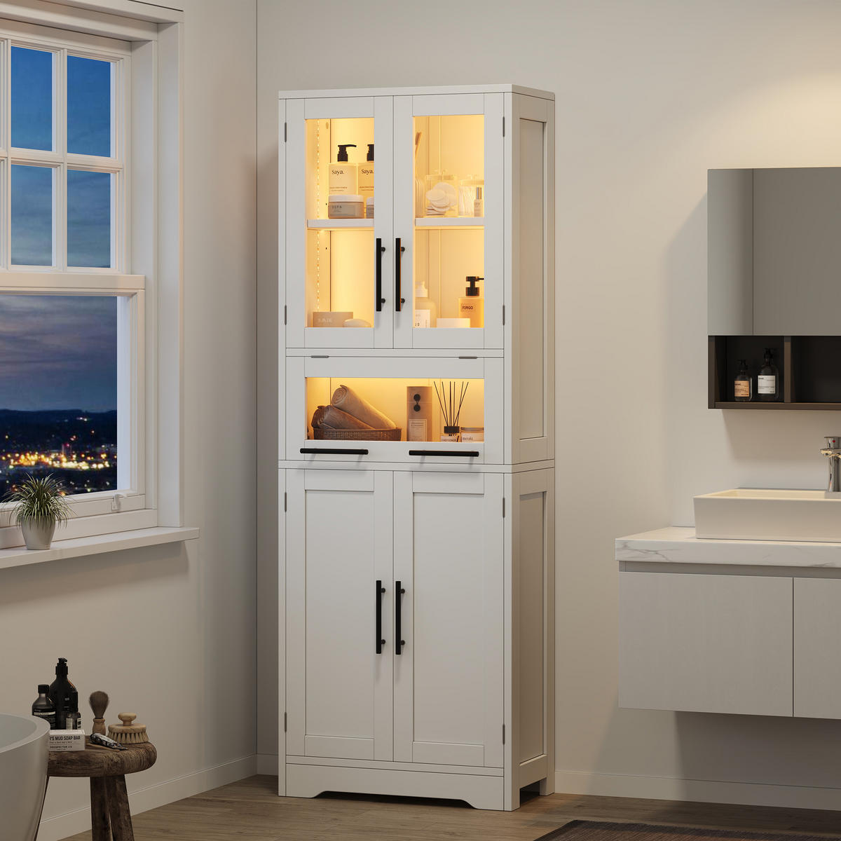 BADEZIMMERSCHRANK in Weiß Aufbewahrungsschrank mit Verstellbare Einlegeböden und App-gesteuertes LED, B60/T30/H170cm - Weiß, Glas/Holzwerkstoff (60/170/30cm) - STILVORA