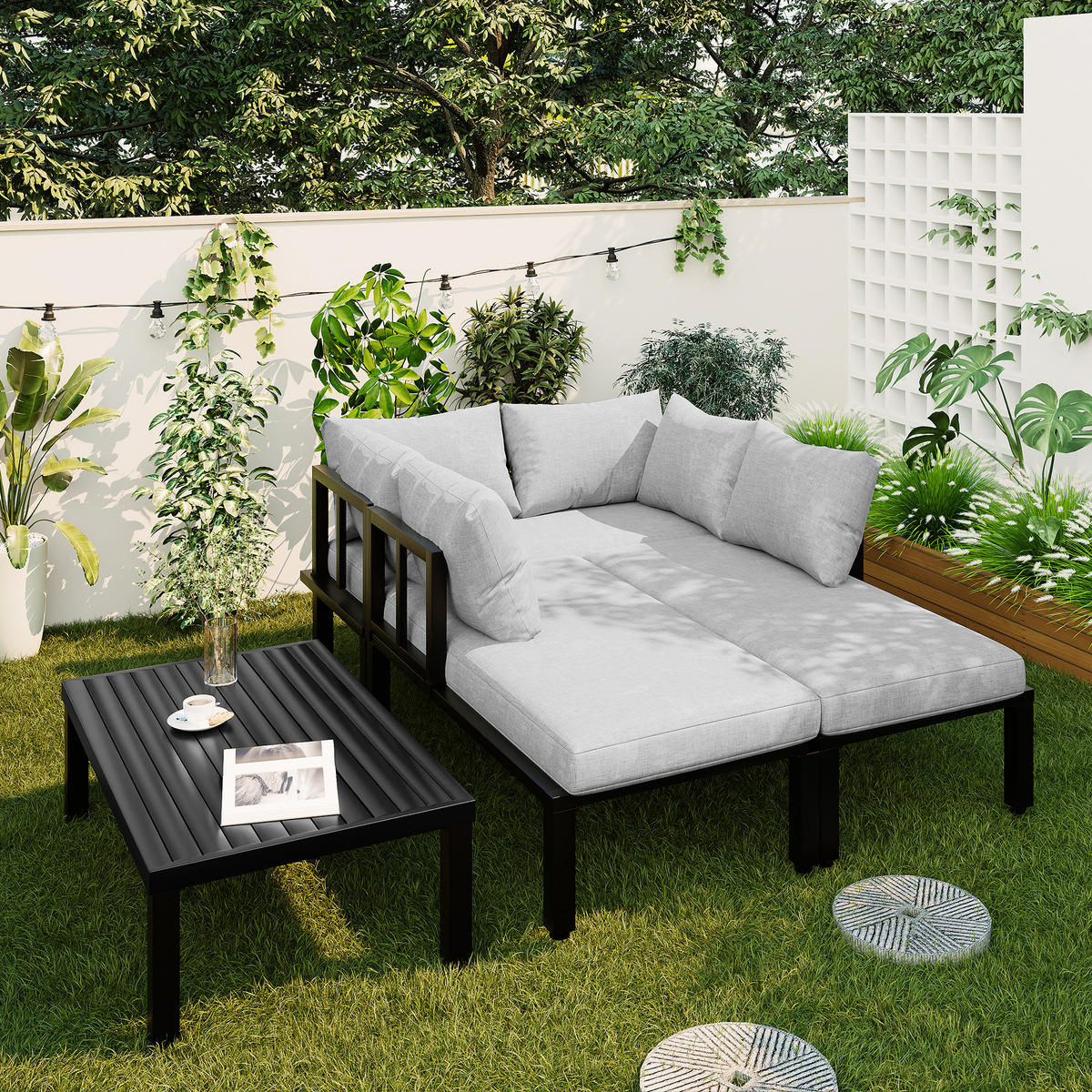 GARTENMÖBEL-SET 6 Sitzer Sofa Tisch Stahl Verstellbar Grau - Grau, Textil (194/84/260cm) - FLIEKS