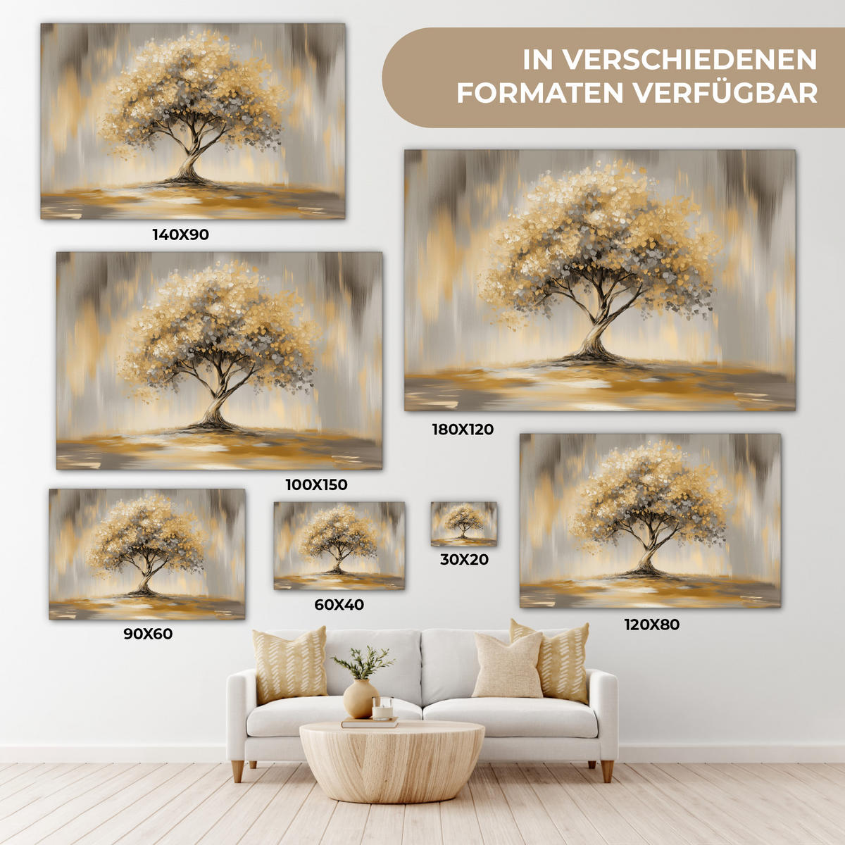 LEINWANDBILD Gemälde - Baum - Abstrakt - Blätter Wohnzimmer Groß 120x80 cm - Beige, Textil (120/80cm) - MuchoWow