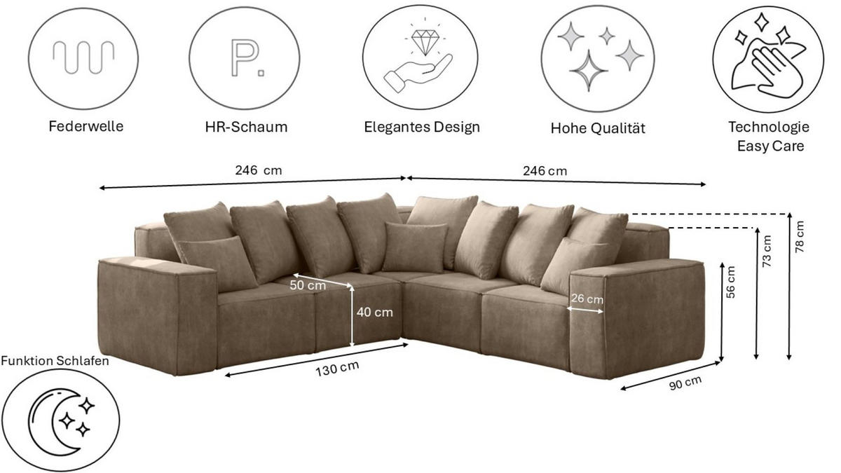 ECKSOFA Corner Ella Stoff Noel Velours Beige - Beige, Holz/Textil (246/246cm) - Kaiser Möbel