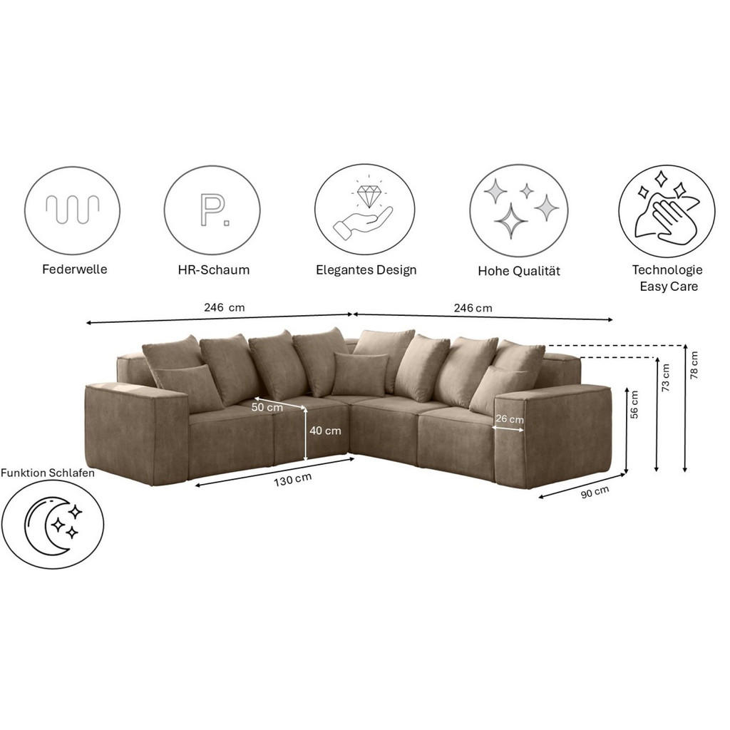 Thumbnail - Kaiser Möbel Ecksofa, Beige, Textil, einzeln stellbar,L-Form, 246x246 cm, Wohnzimmer, Sofas & Couches, Wohnlandschaften,...