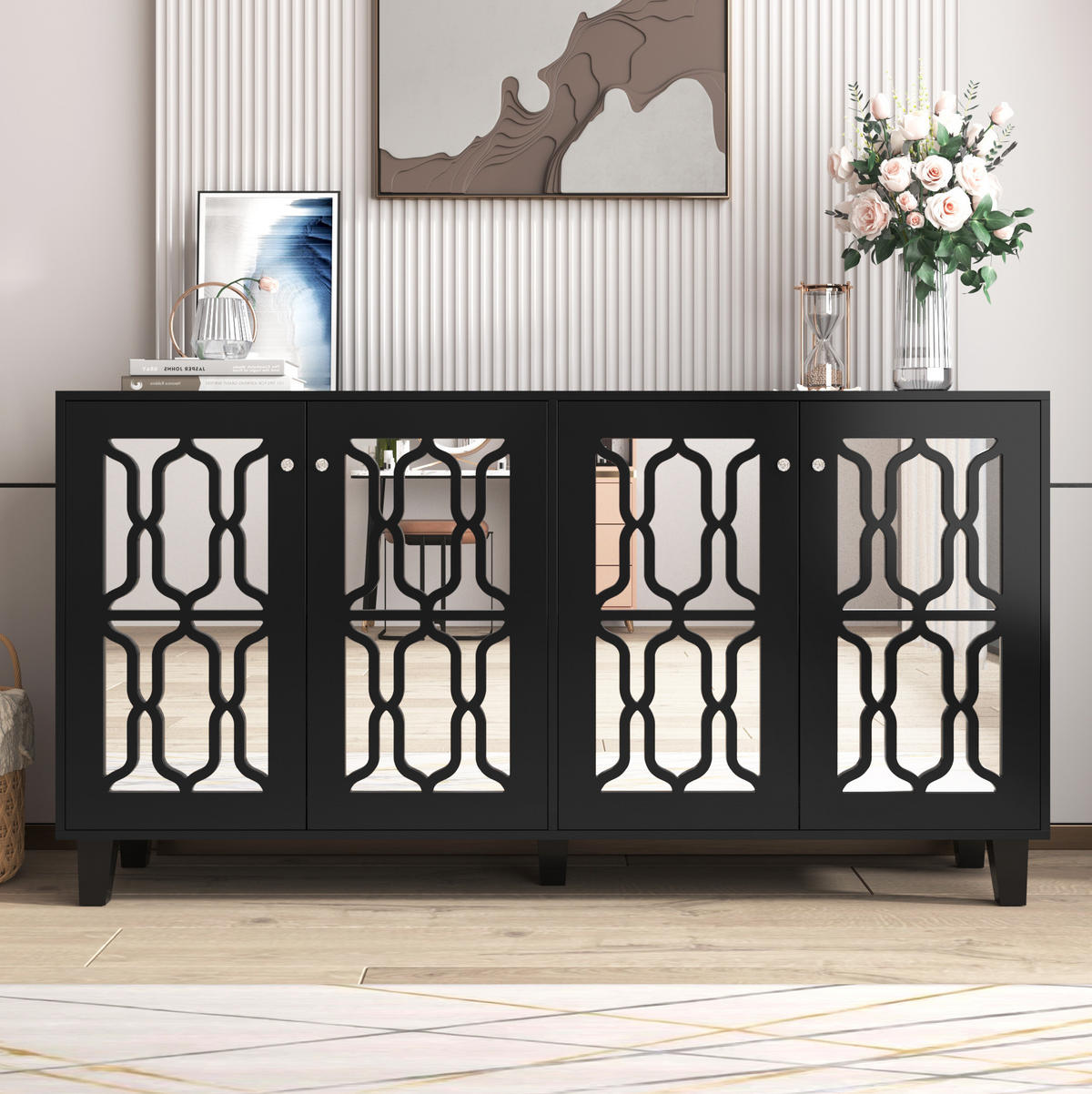 SIDEBOARD 160/40/84 cm mit 4 Türen in Schwarz mit Spiegeloptik - Schwarz, Holzwerkstoff (160/84/40cm) - BEAOK