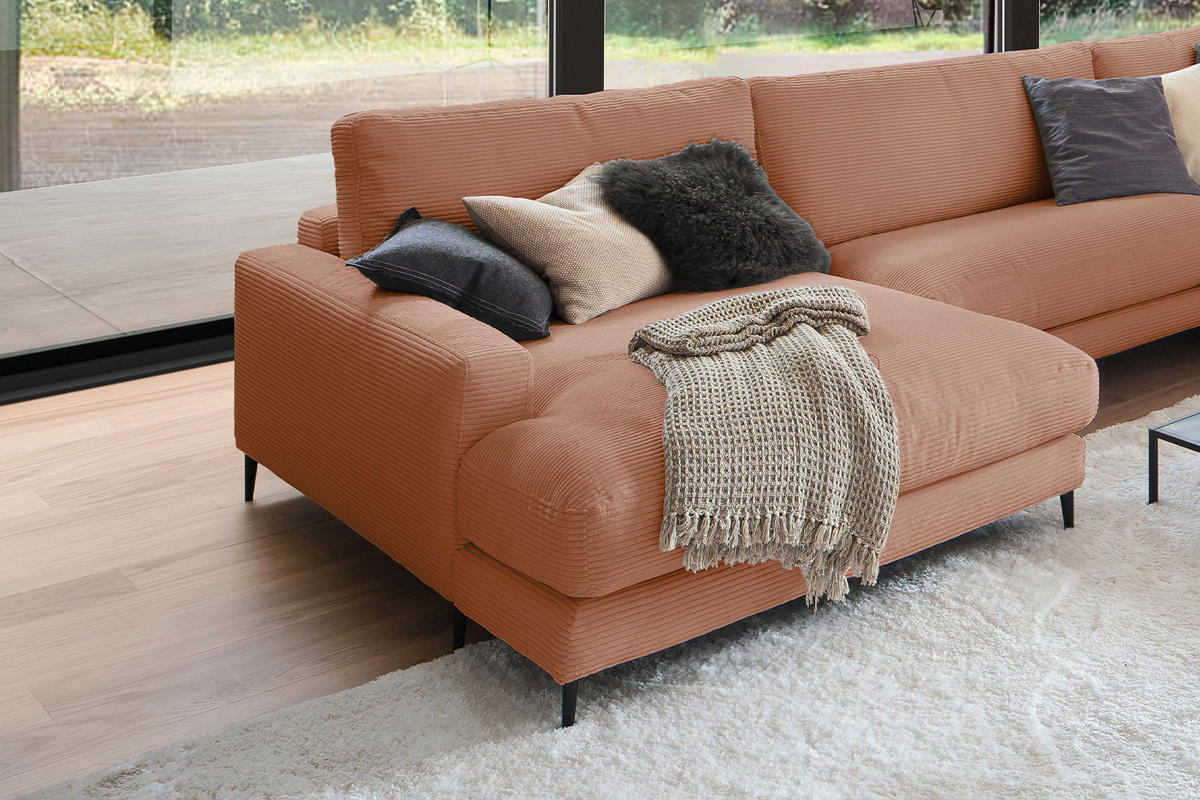 WOHNLANDSCHAFT CARA Braun Cord - Dunkelbraun/Schwarz, Textil (341/84/223cm) - KAWOLA