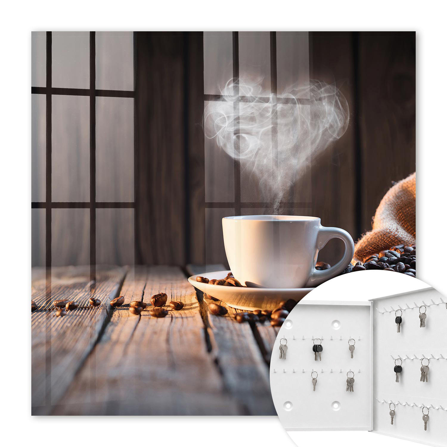 SCHLÜSSELBOX Weiß 30x30 cm – Türöffnung nach rechts - Kaffeeherz - Braun, Metall (30/30/5cm) - TULUP