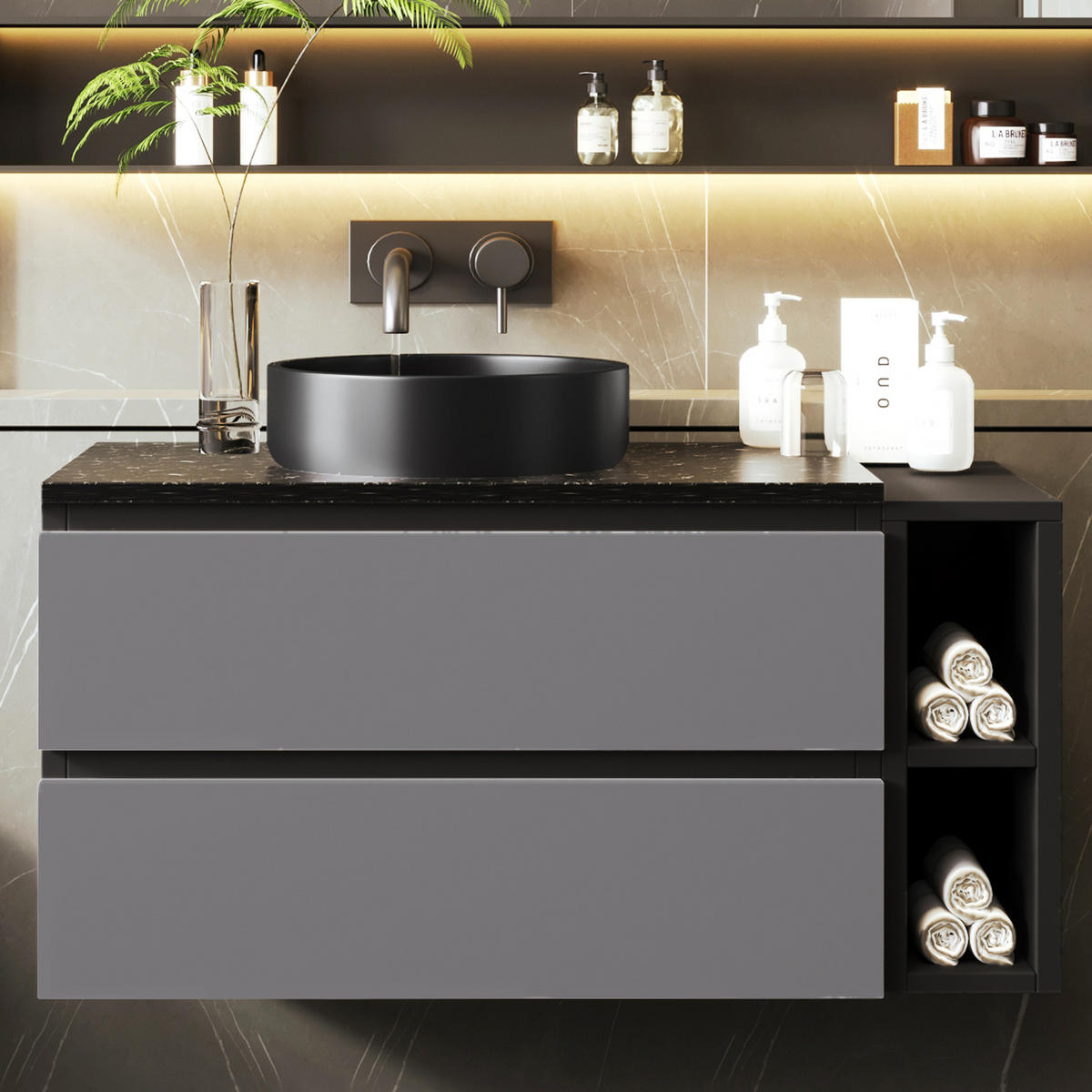 WASCHBECKENUNTERSCHRANK 80 cm Schwarz-Grau mit Keramikbecken - Schwarz, Holzwerkstoff (44/48.5/80cm) - Beauniv