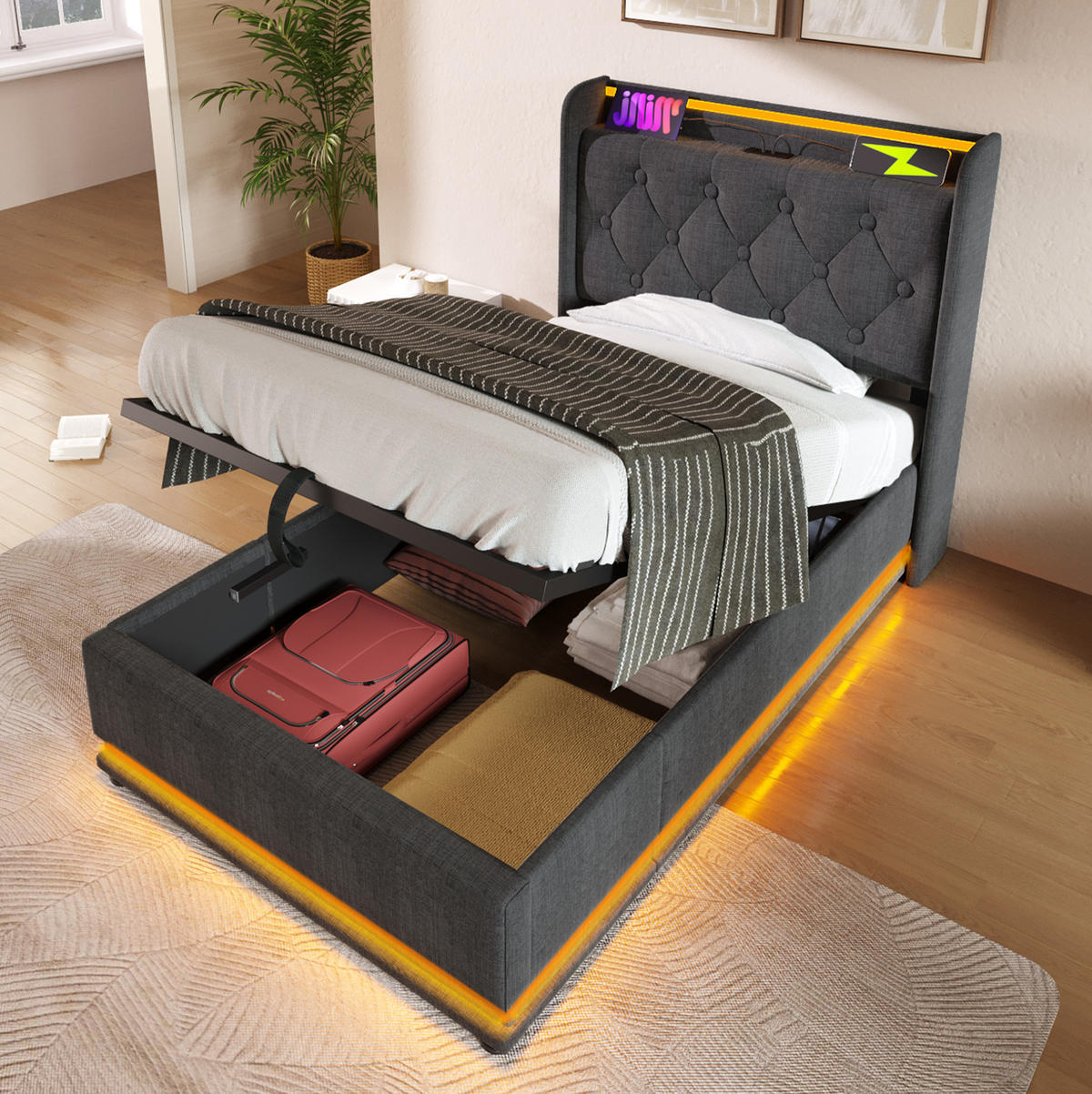 BETT mit LED und Stauraum 90x200 cm Leinen Grau - Grau, Metall (90/200cm) - Meubliv