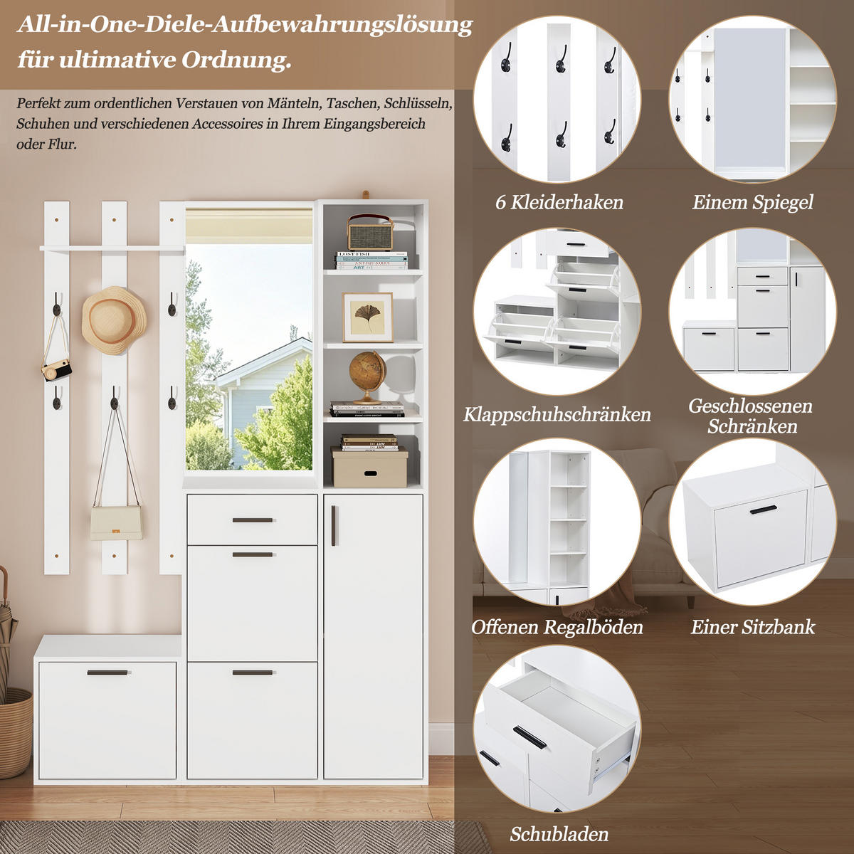 GARDEROBE Schuhschrank Spiegel Haken Wandmontiert Weiß - Weiß, Holzwerkstoff (120/178/30cm) - FLIEKS