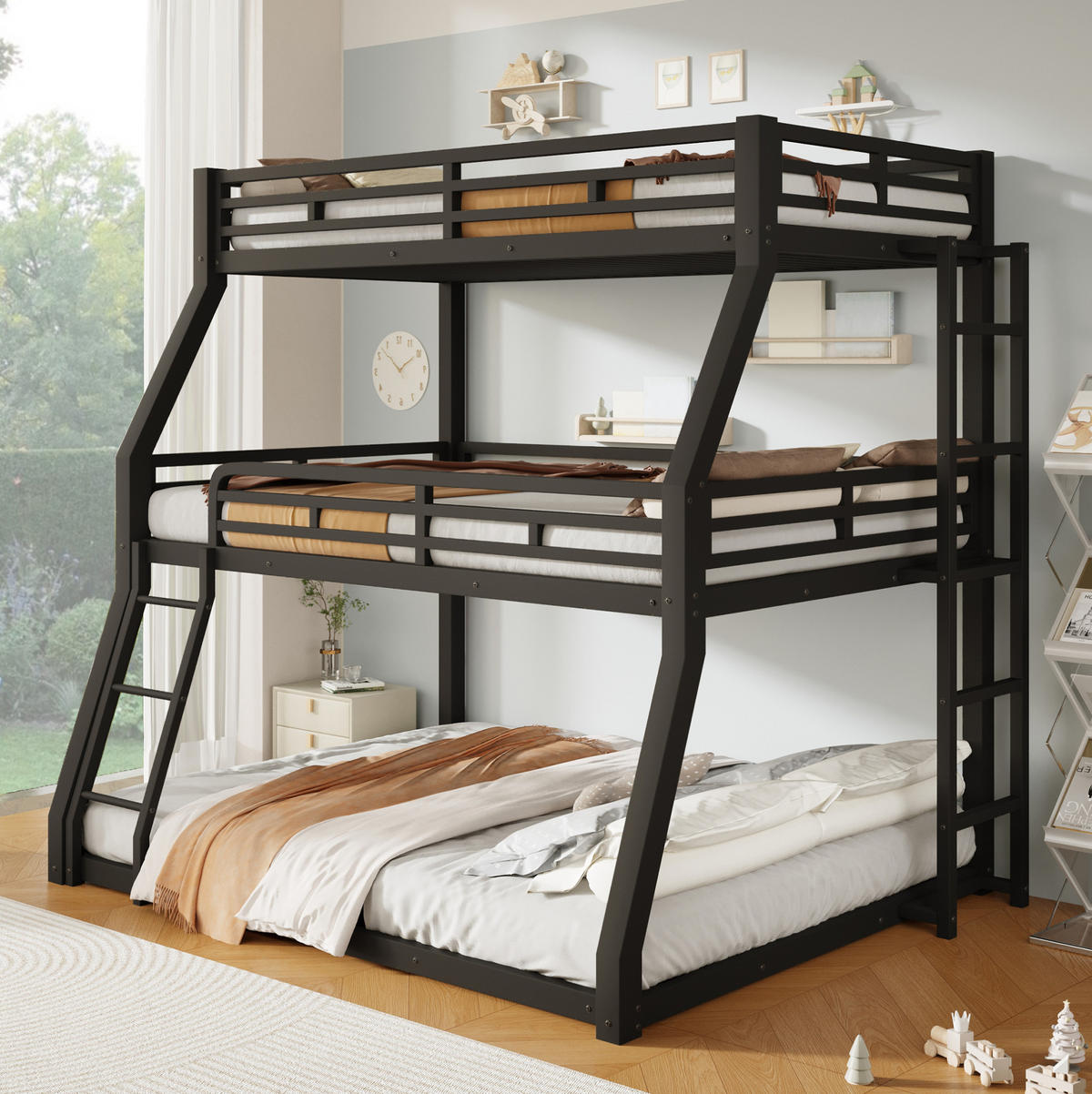 DREIFACH-ETAGENBETT aus Metall 90x200, 120x200 und 140x200 cm Schwarz mit 2 Leitern - Schwarz, Metall (90/200cm) - Modfu