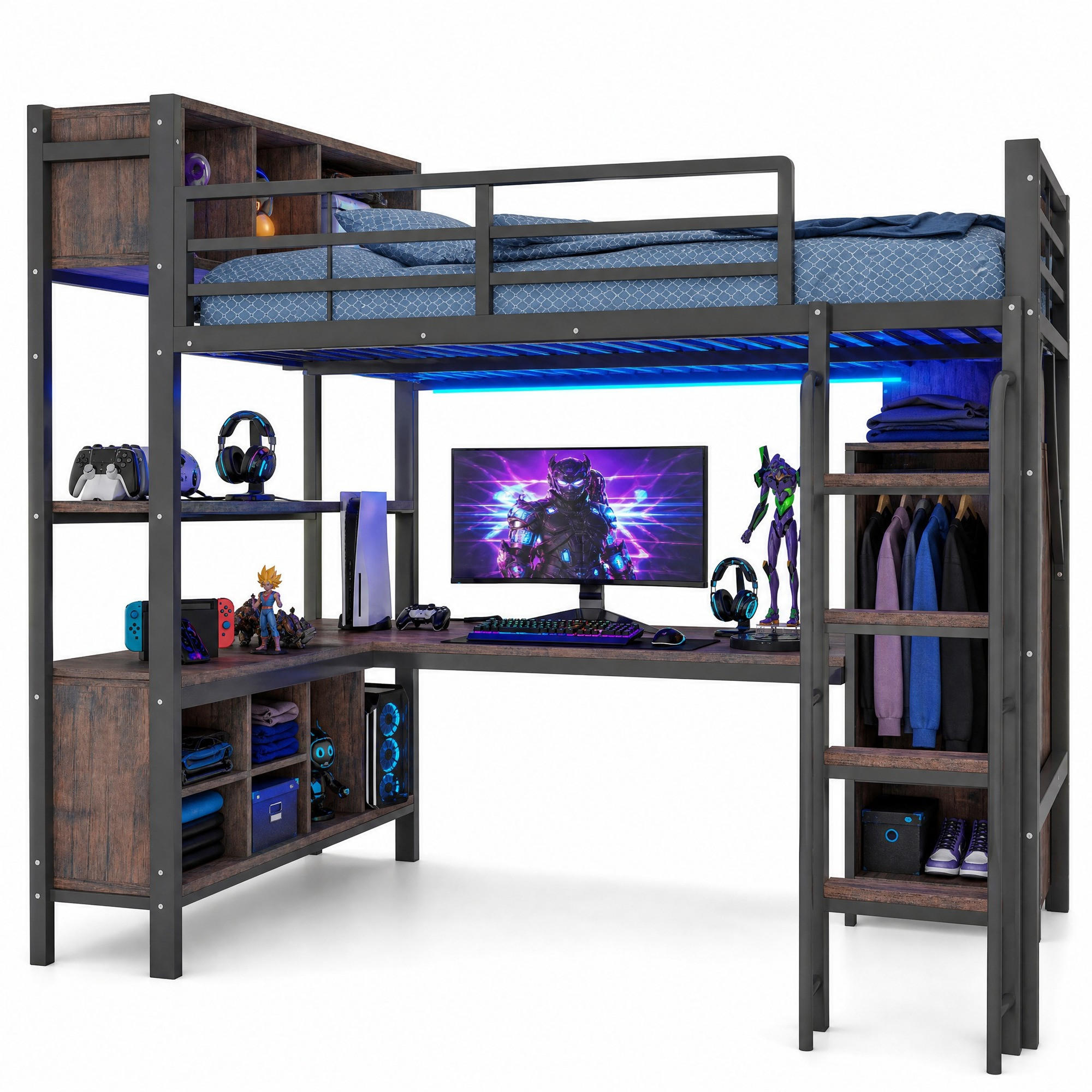 HOCHBETT 140 x 200 cm in Schwarz mit Schreibtisch, Schrank, LED-Beleuchtung und Steckdosen - Schwarz, Metall (140/200cm) - Flora Grace