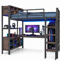 HOCHBETT 140 x 200 cm in Schwarz mit Schreibtisch, Schrank, LED-Beleuchtung und Steckdosen - Schwarz, Metall (140/200cm) - Flora Grace