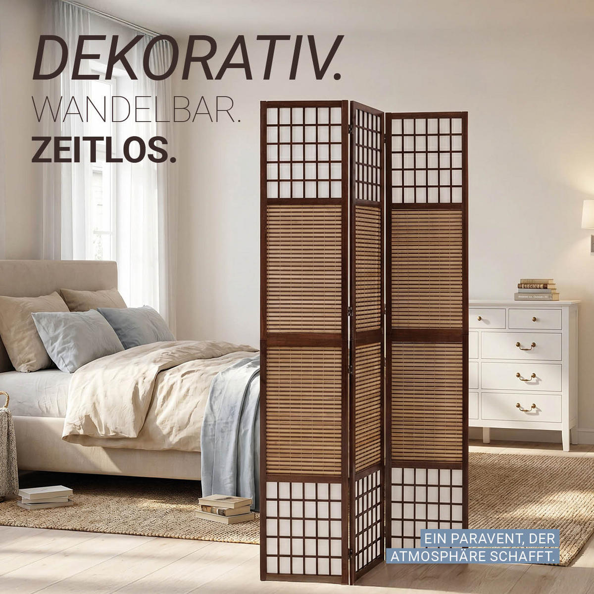PARAVENT 3-tlg. 120/200 cm Braun Bambusstreben - Braun, Holz (120/200/2cm) - Homestyle4u