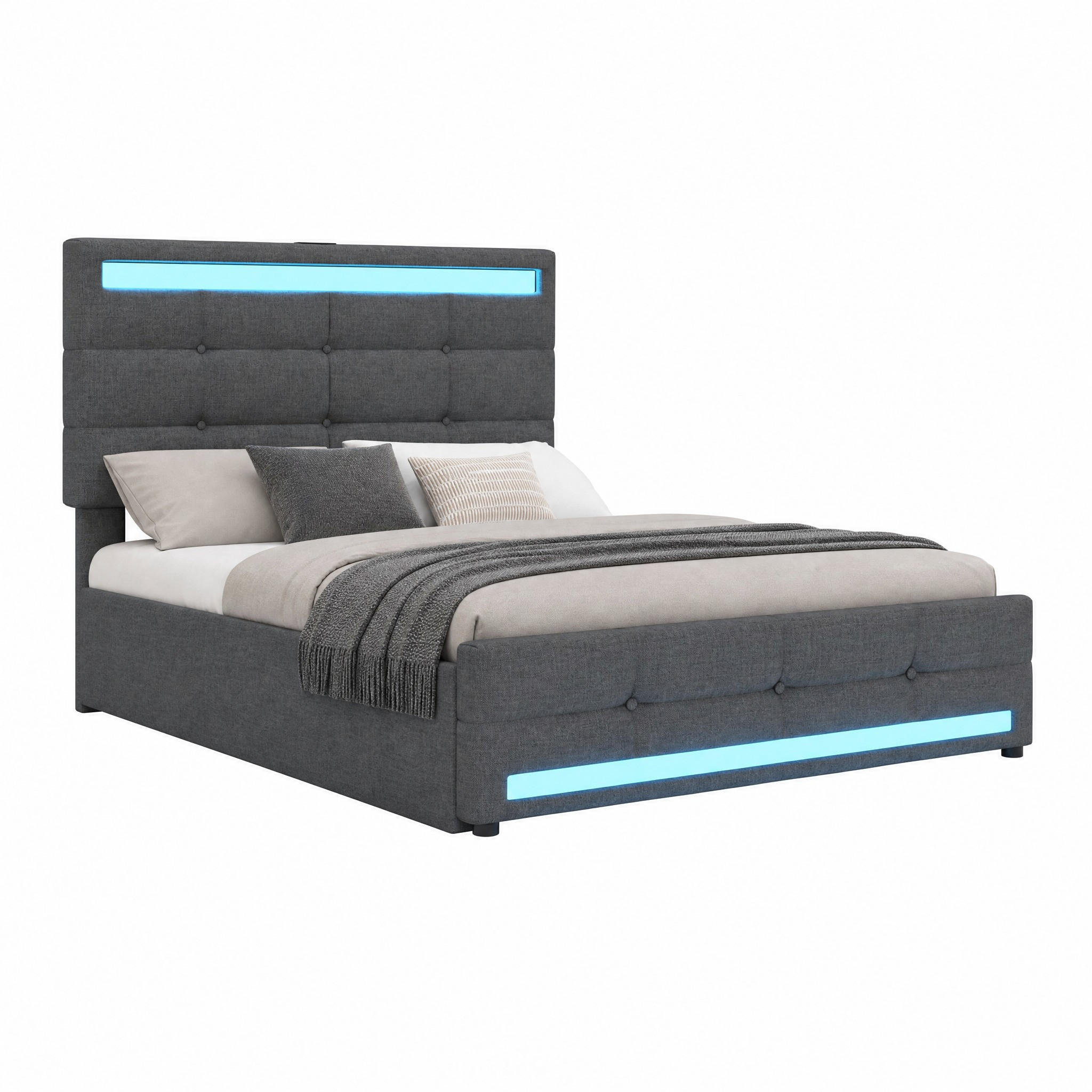 BETT mit LED und USB 90x200 cm Grau Polsterbett - Grau, Metall (90/200cm) - Meubliv