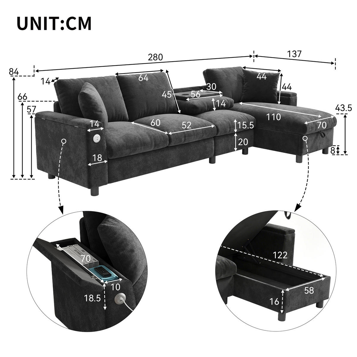 SOFA Grau L-Form Chenille Stauraum USB Couchtisch flexibel - Grau, Textil (137/84/280cm) - FLIEKS