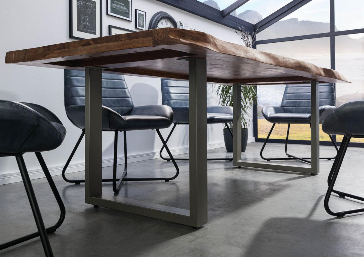 BAUMTISCH Sheesham 180x90x77 grau gebeizt / U-Beine silber matt FREEFORM 5 - Grau, Holz (180/90/77cm) - Massivmoebel24