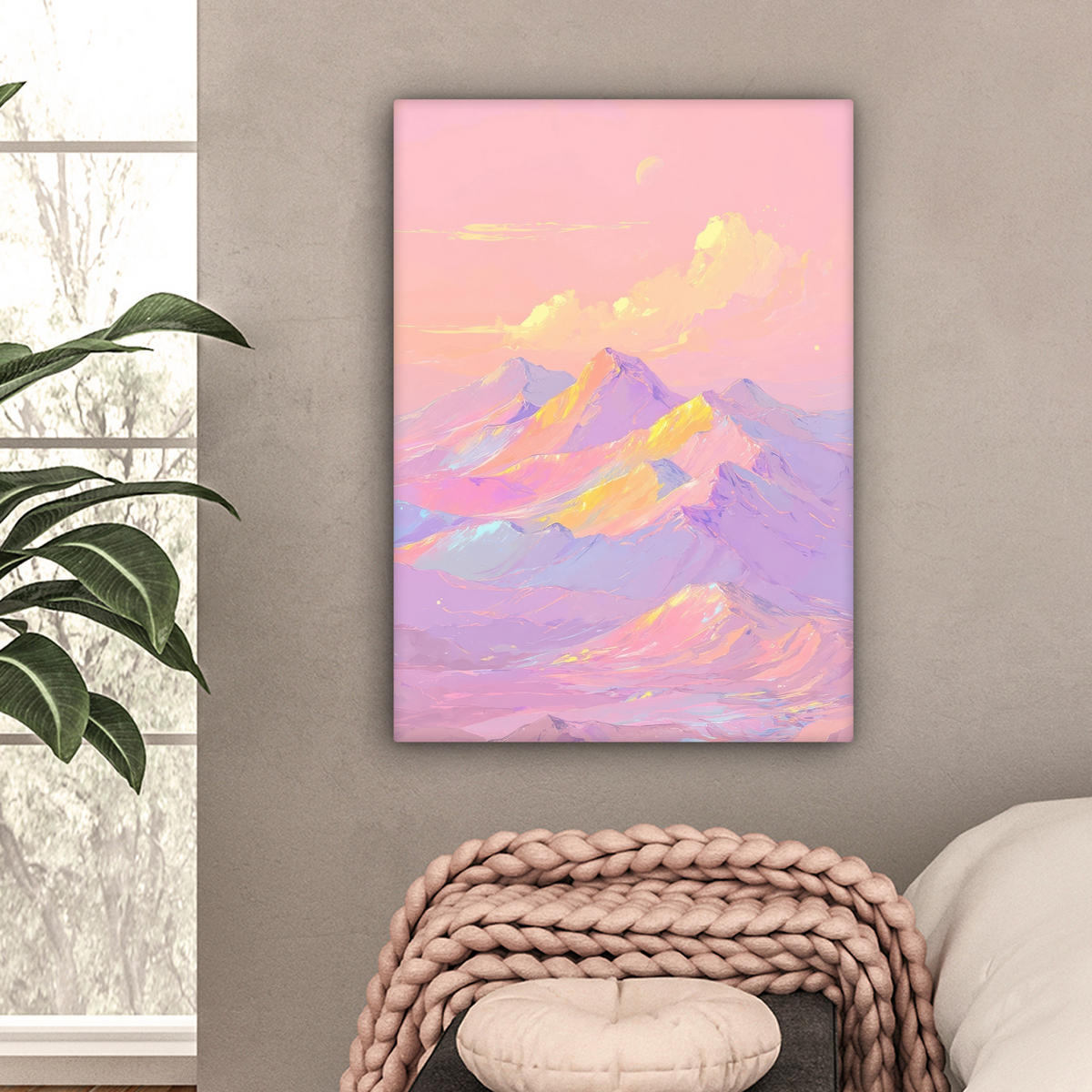 LEINWANDBILD Berggipfel - Wolken - Verträumt Wandbild Wohnzimmer 60x80 cm - Hellrosa, Textil (60/80cm) - MuchoWow