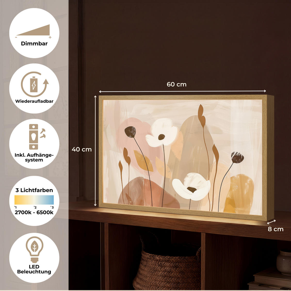 WANDLEUCHTE MIT AKKU Blumen - Abstrakt - Beige - Strichzeichnung 60x40 cm - Sandfarben, Holzwerkstoff (60/40/8cm) - OnlyWow