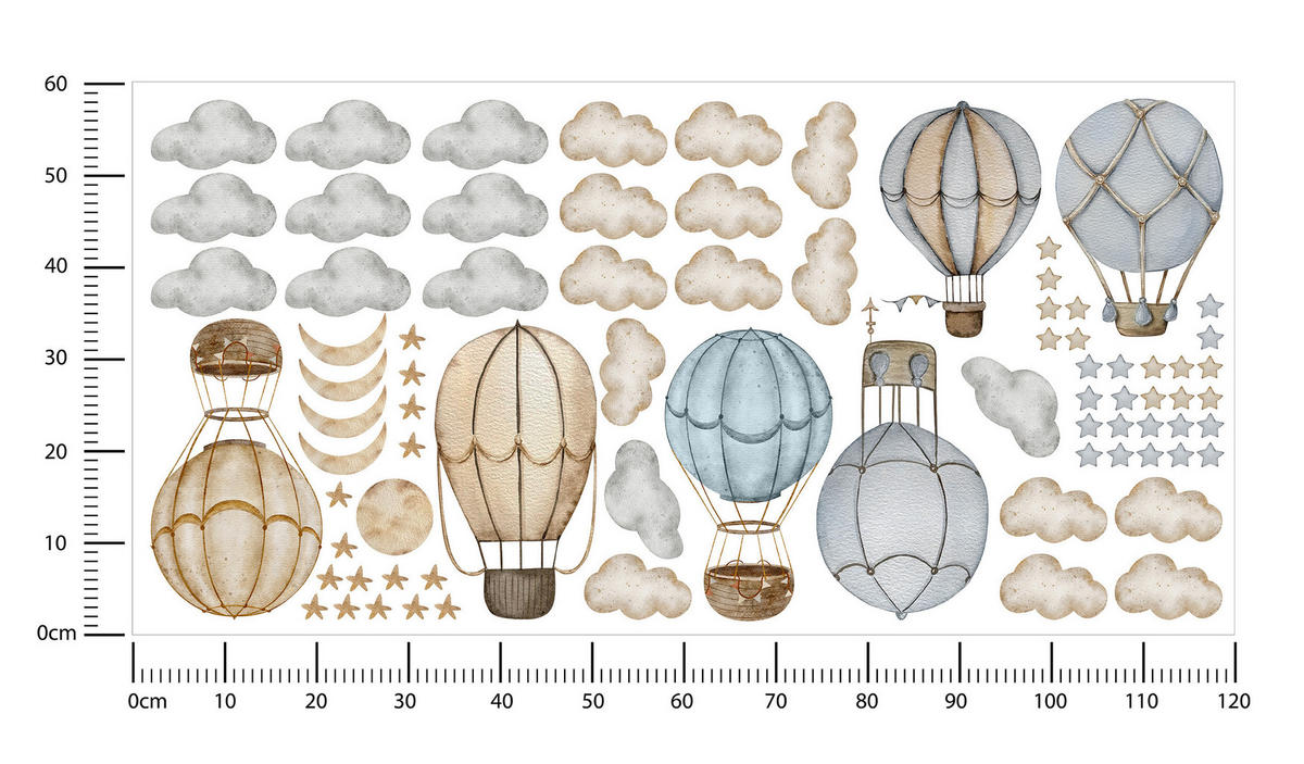 WANDAUFKLEBER SET Luftballons Wolken Sterne Boho Stil 120x60 - Beige/Braun, Papier (120/60/1cm) - Muralo