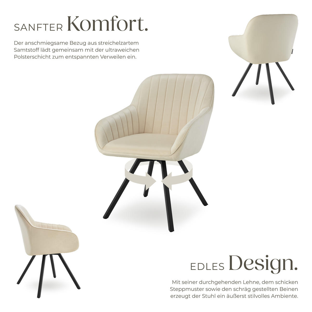 ARMLEHNSTUHL drehbarer 4er Set Snug 58 x 58 x 82 cm creme - Creme, Textil (58/82/58cm) - tectake