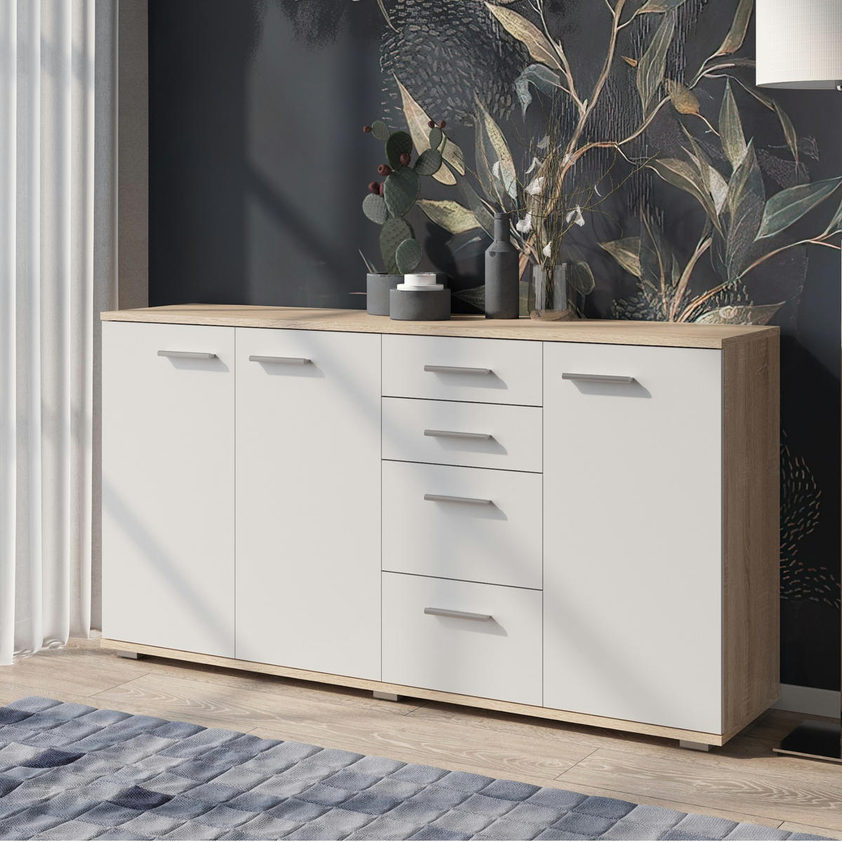 SIDEBOARD FAUSKE KOM3-3D4S Schubladen Eiche Sonoma Weiß - Silberfarben/Weiß, Holzwerkstoff/Kunststoff (138/74/34cm) - Komodee