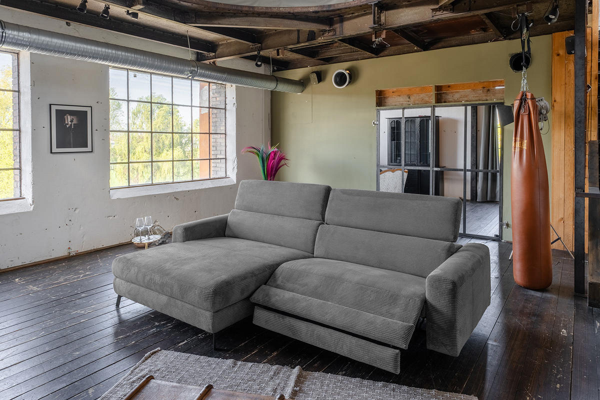 ECKSOFA LAISKA Grau Cord Relaxfunktion - Schwarz/Grau, Textil/Metall (282/177cm) - KAWOLA
