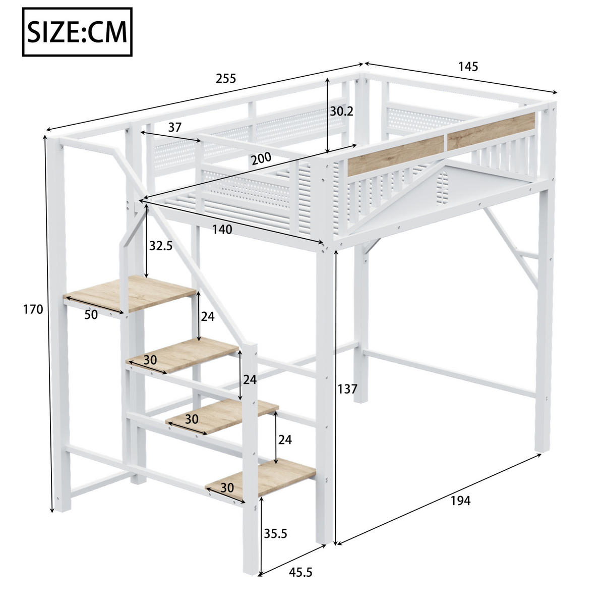 HOCHBETT 140/200 cm aus Metall und Holz mit Sicherheitsleiter, Weiß - Weiß, Metall (140/200cm) - OKMYHOME