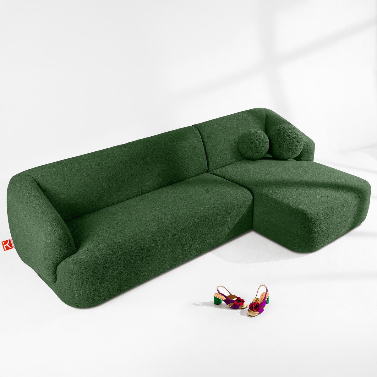 ECKSOFA RECHTS VIRA, Grün, Bouclé - Schwarz/Grün, Holz/Holzwerkstoff (300/160cm) - KONSIMO®