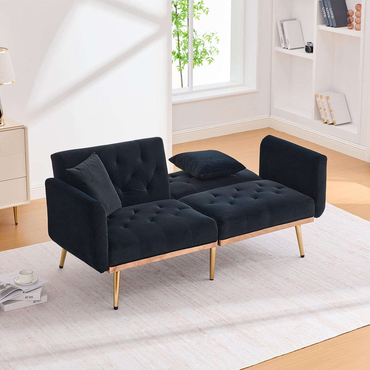 2-SITZER Schlafsofa Samt mit 3-fach verstellbarer Rückenlehne Schwarz 165/72,5/75 cm - Schwarz, Textil (72.5/75/165cm)