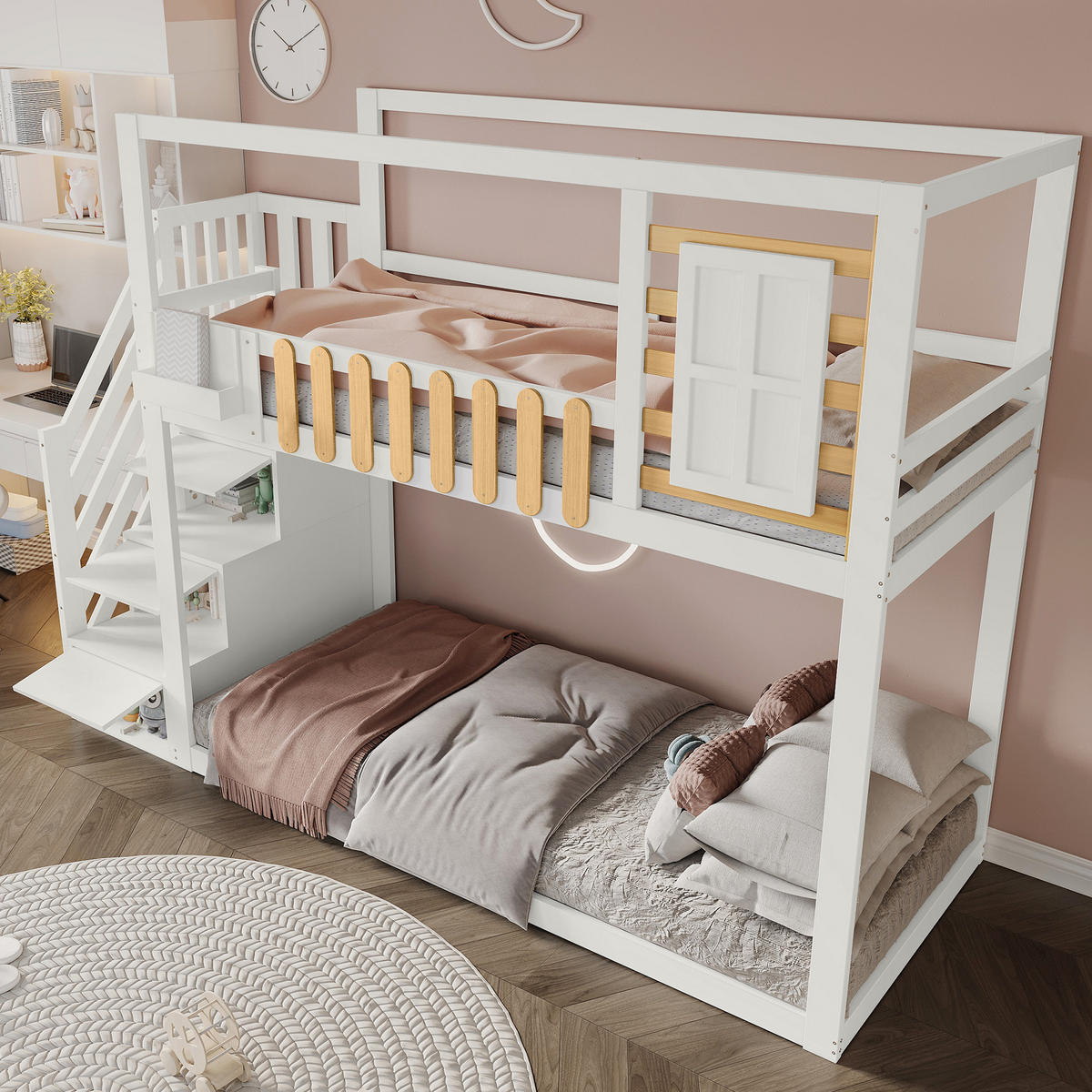 ETAGENBETT 90/200 cm Weiß/Natur mit Treppe, Stauraum und Fensterdesign - Weiß, Holzwerkstoff (90/200cm) - Flora Grace