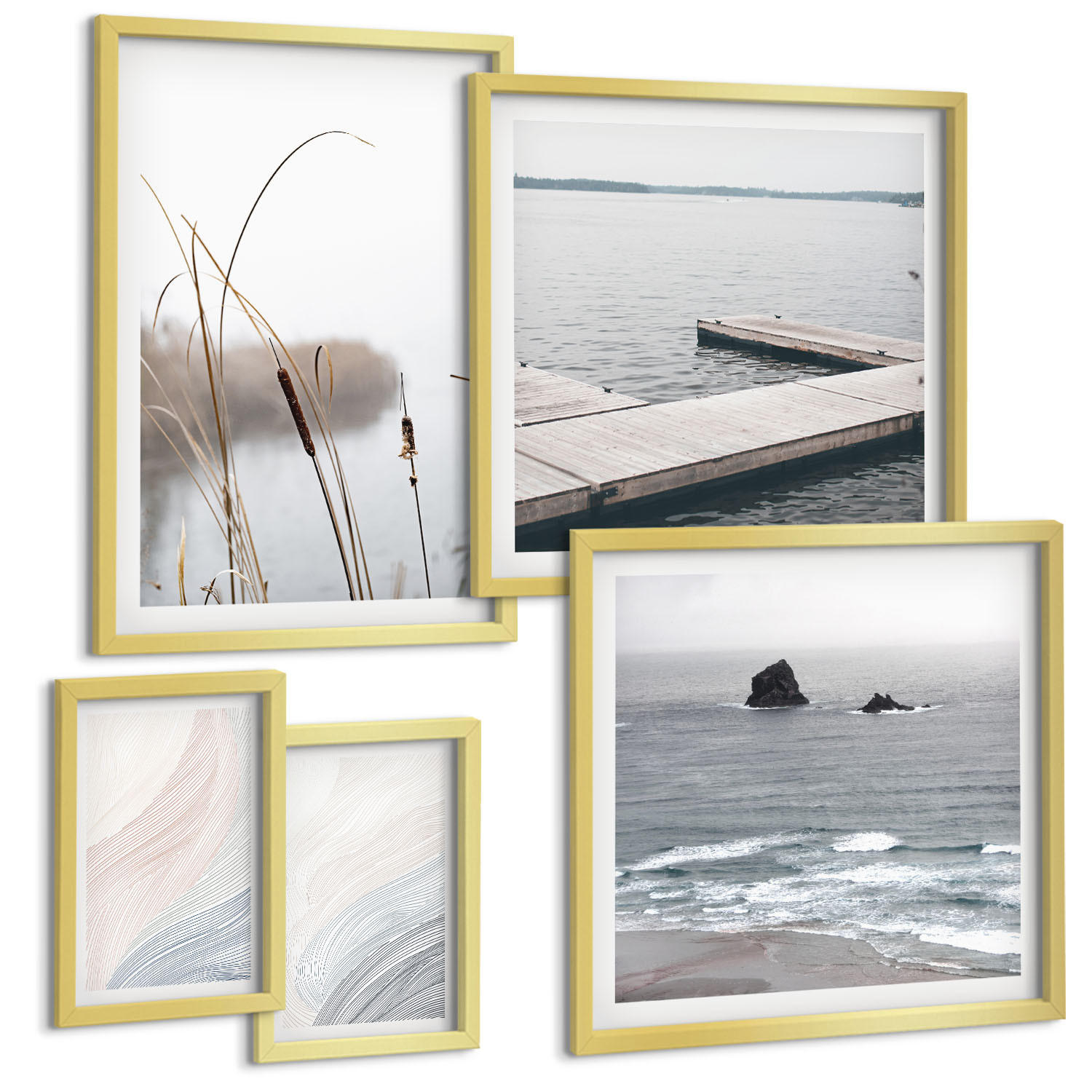 BILDER SET 5er Set - 50x50 cm & 20x30 cm & 40x60 cm Goldrahmen - Abstrakte Pastellwellen - Goldfarben, Kunststoff (40/60cm) - TULUP