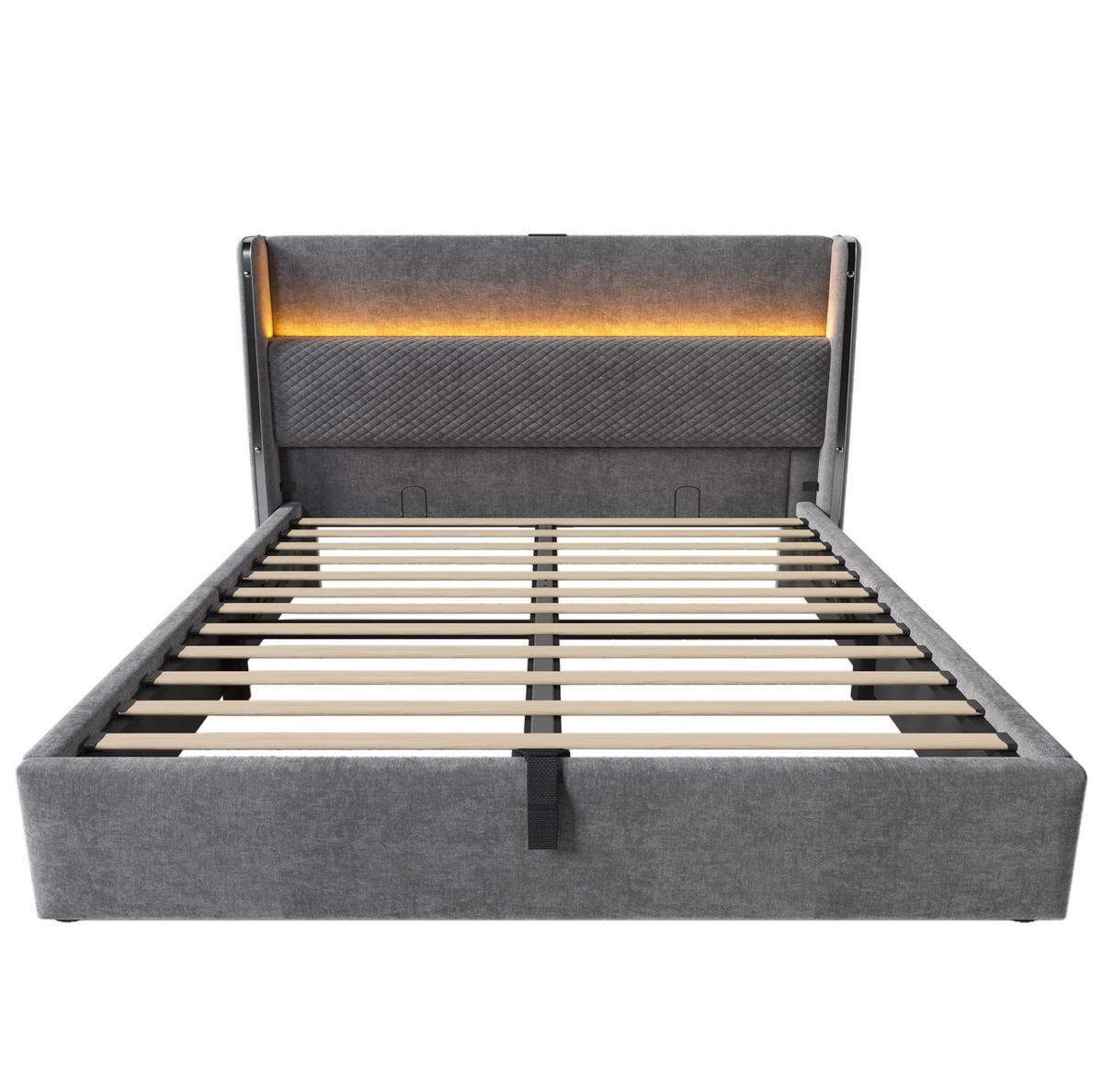 POLSTERBETT aus Leinen 140x200 cm in Grau mit LED & USB/Type-C & Stauraum - Grau, Textil (140/200cm) - Modfu