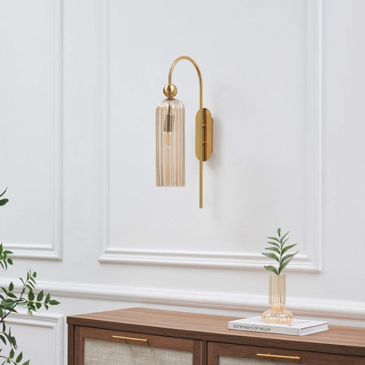 WANDLEUCHTE Leonora, Bernstein und Messing, 53.5cm - Goldfarben, Glas (10/53.5/27cm) - KOSILUM