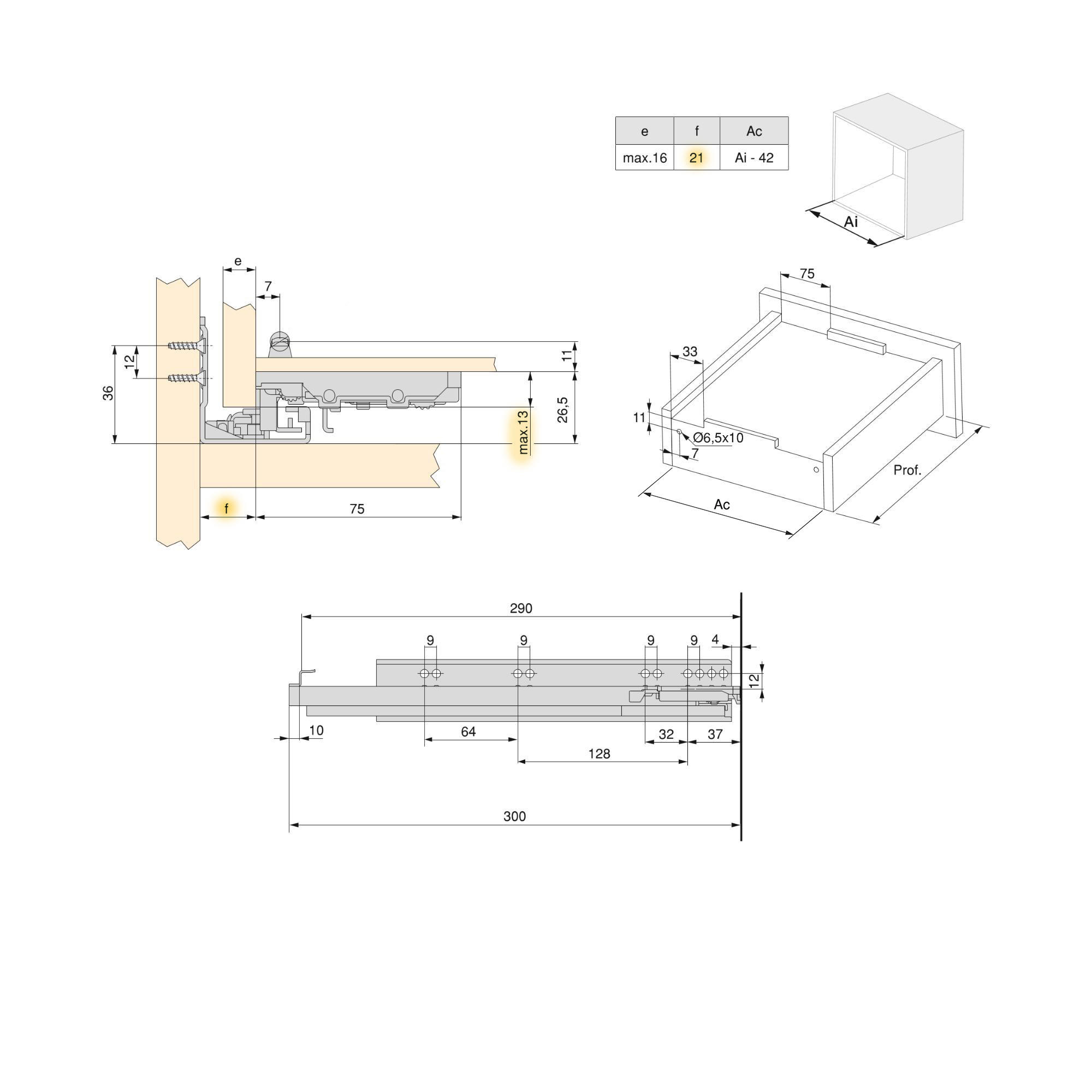 UNTERFLURFÜHRUNGEN, Vollauszug, mit Schließautomatik und Halterung, Tiefe 290mm, Stahl, Verzinkt - Zinkfarben, Metall (2.65/4/29cm) - EMUCA