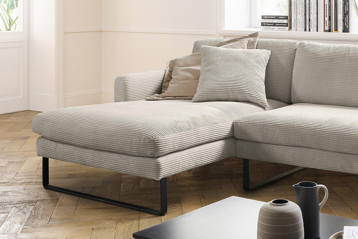 ECKSOFA RICARDA Granit Cord - Greige/Schwarz, Textil/Metall (298/154cm) - KAWOLA