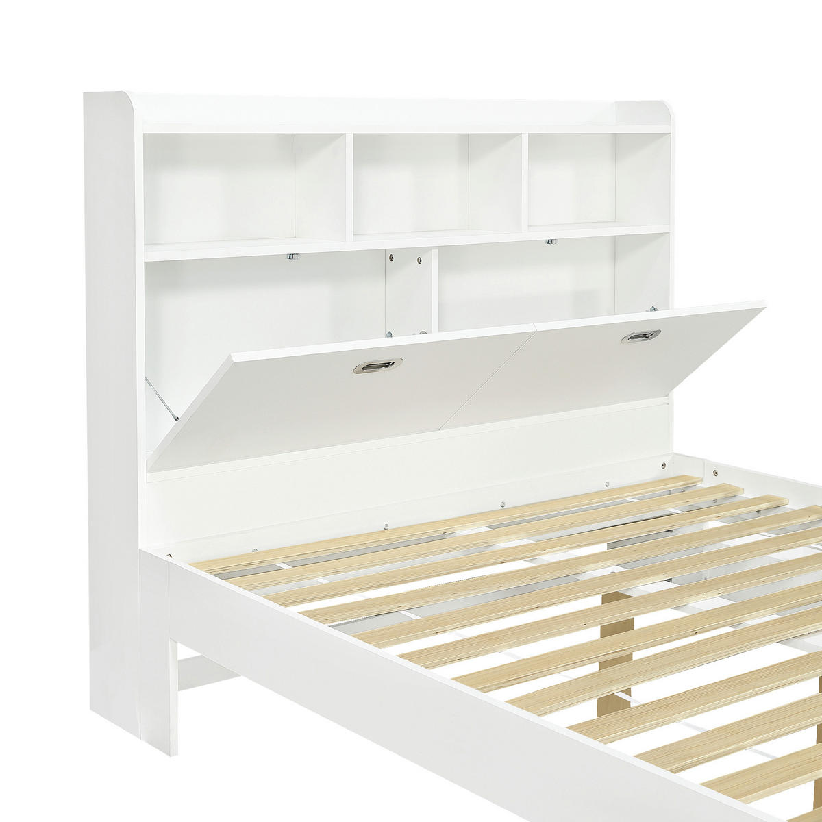 BETT 140/200 cm in Weiß mit Stauraum, Klapptisch und verstellbarer Schublade aus Holz - Weiß, Holzwerkstoff - STILVORA