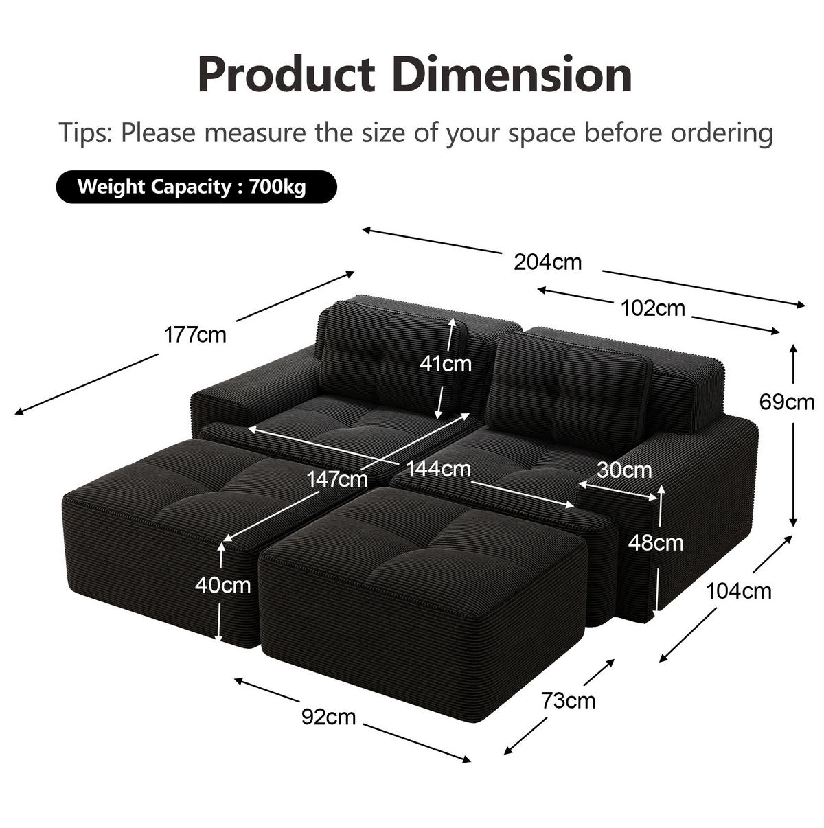 ECKSOFA 204/177/69 cm schwarz aus Cord mit 74 cm Tiefsitz - Schwarz, Textil (177/204cm) - OKWISH