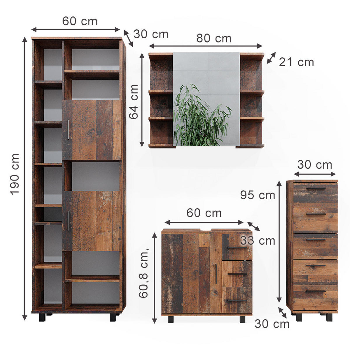 BADMÖBEL-SET Ilias Eiche rustikal 4 Teile - Wildeiche, Holzwerkstoff (60/60/33cm) - Vicco