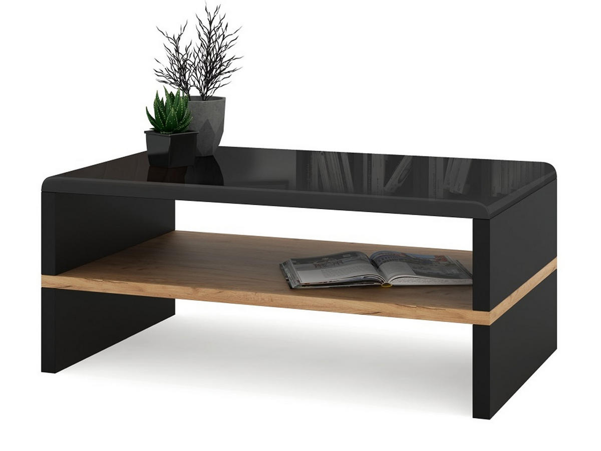 COUCHTISCH rechteckig Schwarz Hochglanz - Eiche Gold mit Ablage - Schwarz Hochglanz/Eichefarben, Holzwerkstoff (60/100/43cm) - designimpex