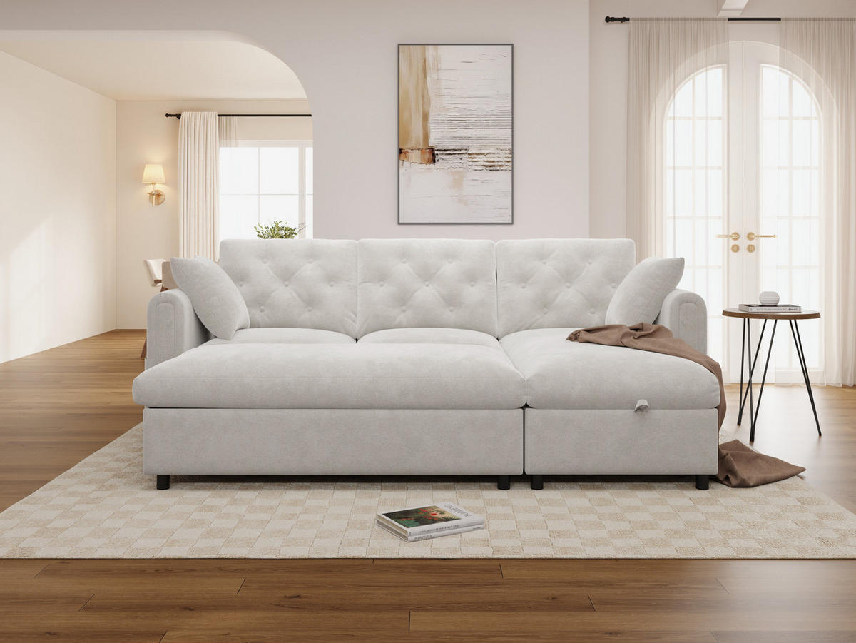 ECKSOFA 219/131/86 cm aus Samt mit Stauraum und variabler Chaiselongue Beige - Beige, Textil (131/219cm) - Modenvie