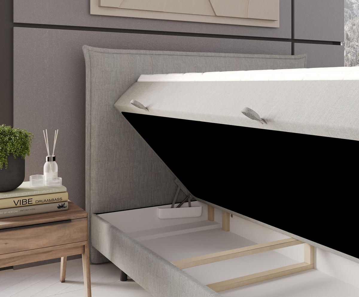 BOXBETT Menzzo Grau 180/200 cm mit Matratze und Topper - Schwarz/Grau, Holz/Holzwerkstoff (180/200cm) - Maison de Reve