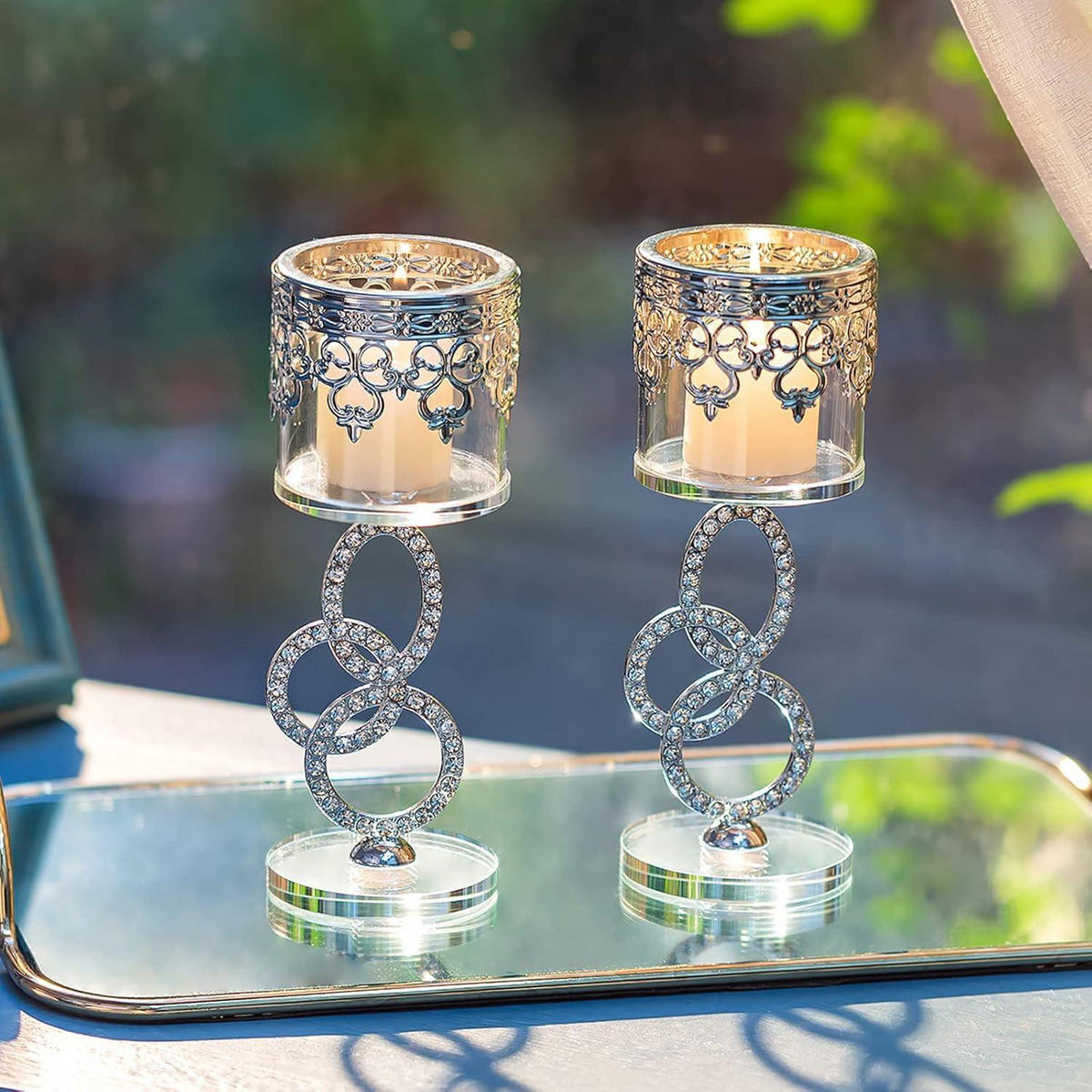 KERZENSTÄNDER 2-teiliges Set Kristall Glas Silber 17,5 cm - Silberfarben, Metall (6.5/17.5/6.5cm)