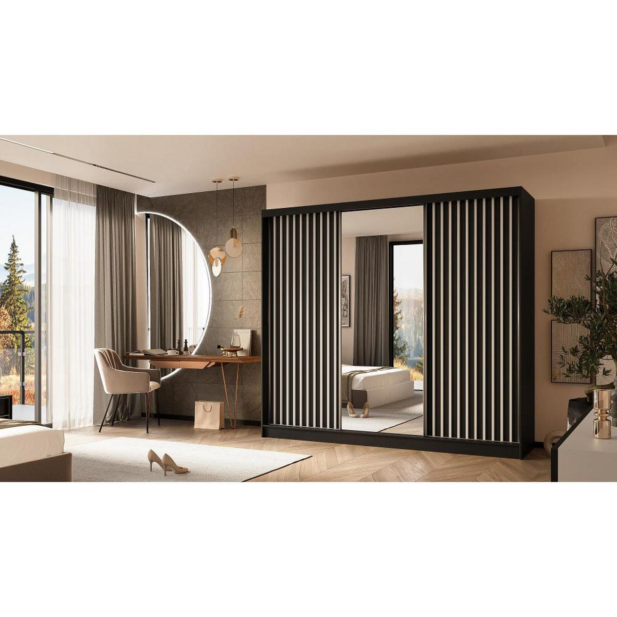 SCHWEBETÜRENSCHRANK Helix 240/216/61 schwarz+weiß mit Schubladeneinsätze - Schwarz/Weiß, Holzwerkstoff (240/216/61cm) - Beautysofa