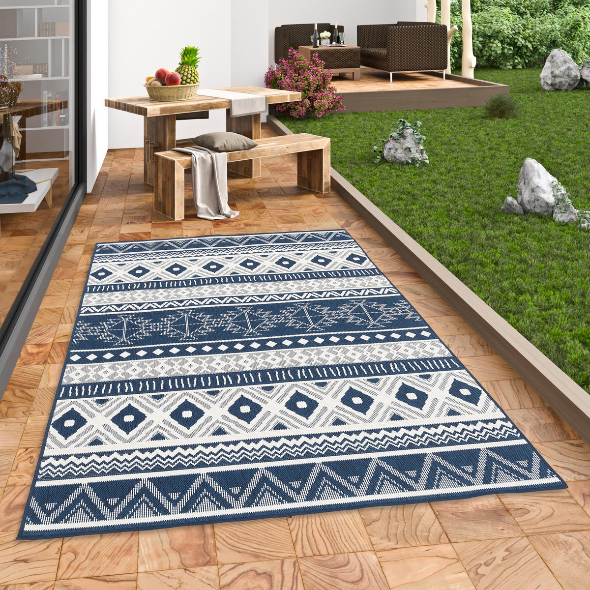 IN- UND OUTDOOR TEPPICH BEIDSEITIG CAPE COD ETHNO - Blau, Textil (120/160cm) - Pergamon