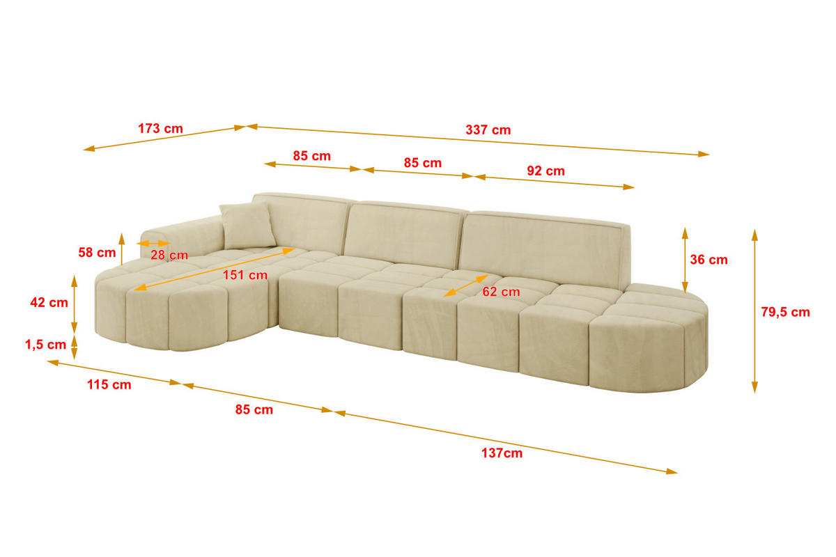 ECKSOFA Ottomane Rechts LIVO-L2 - 337x173x79,5 cm Hellgrau - Hellgrau, Holzwerkstoff/Textil (337/173cm) - ALTDECOR