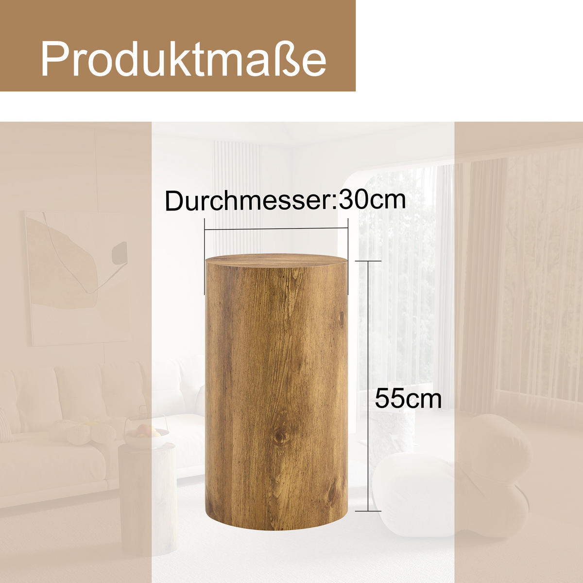 BEISTELLTISCH 30/55 cm, rund, aus MDF mit Holzoptik und montagefrei, Holzfarben - Naturfarben, Holzwerkstoff (30/30/55cm) - Modfu