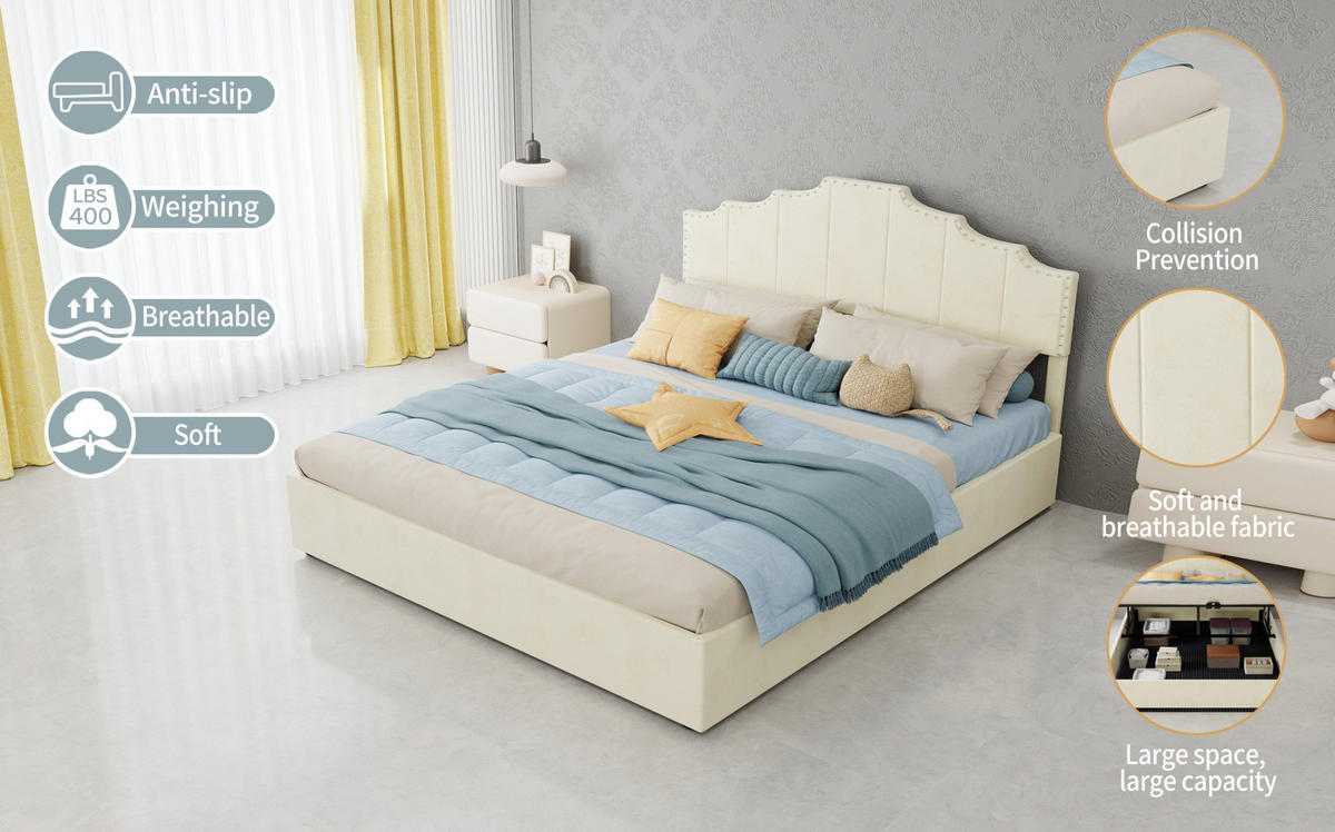 POLSTERBETT 160/200 cm mit geometrischem Kopfteil und Bettkasten, Beige - Beige, Textil (160/200cm) - Redom