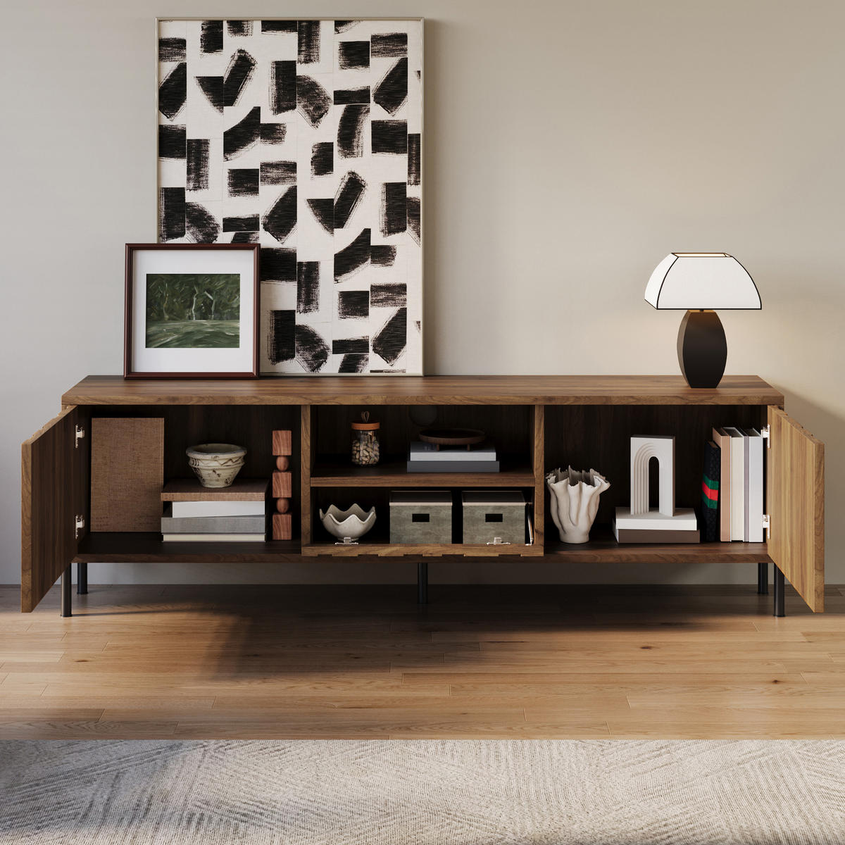 TV-SCHRANK aus MDF 160x35x46 cm Natur mit Kabeldurchführung und Stauraum, wellenförmiges Türdesign - Naturfarben, Holzwerkstoff (160/46/35cm) - Modfu