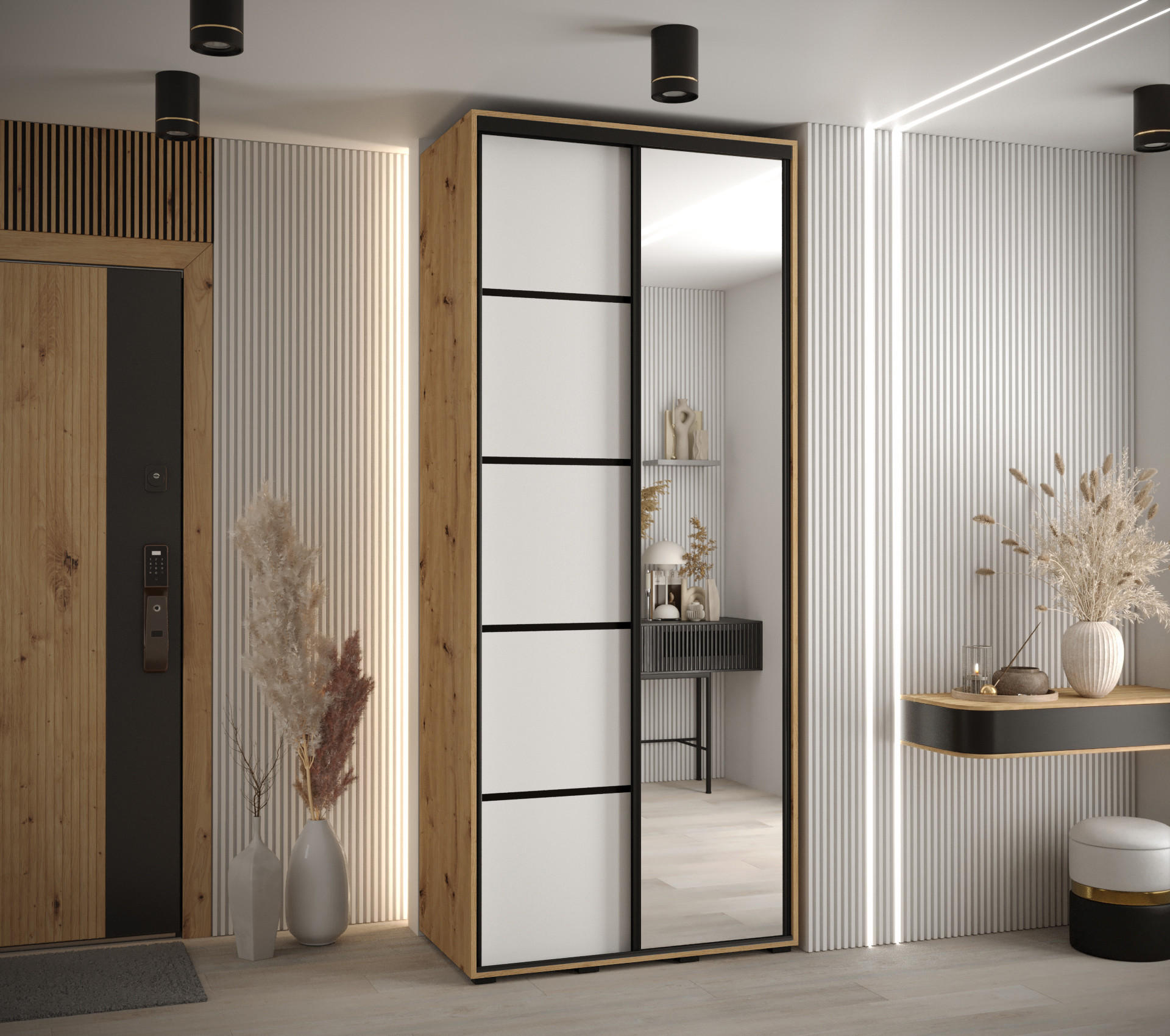 SCHWEBETÜRENSCHRANK 235,2/110/45 2-türig - Schwarz/Eiche Artisan, Holz/Metall (110/235/45cm) - Abiks Möbel